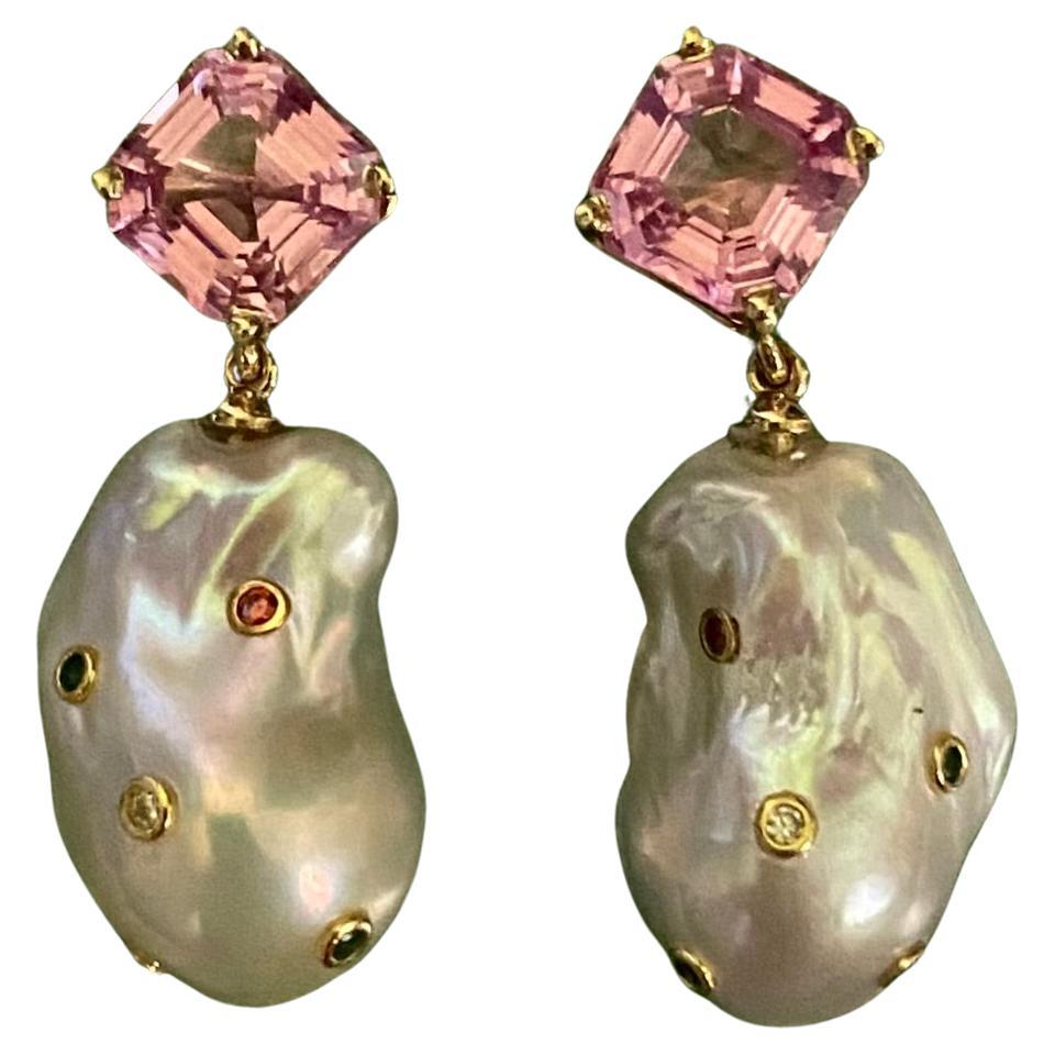 Michael Kneebone Morganite Baroque Pearl Mixed Gemstone Dangle Earrings