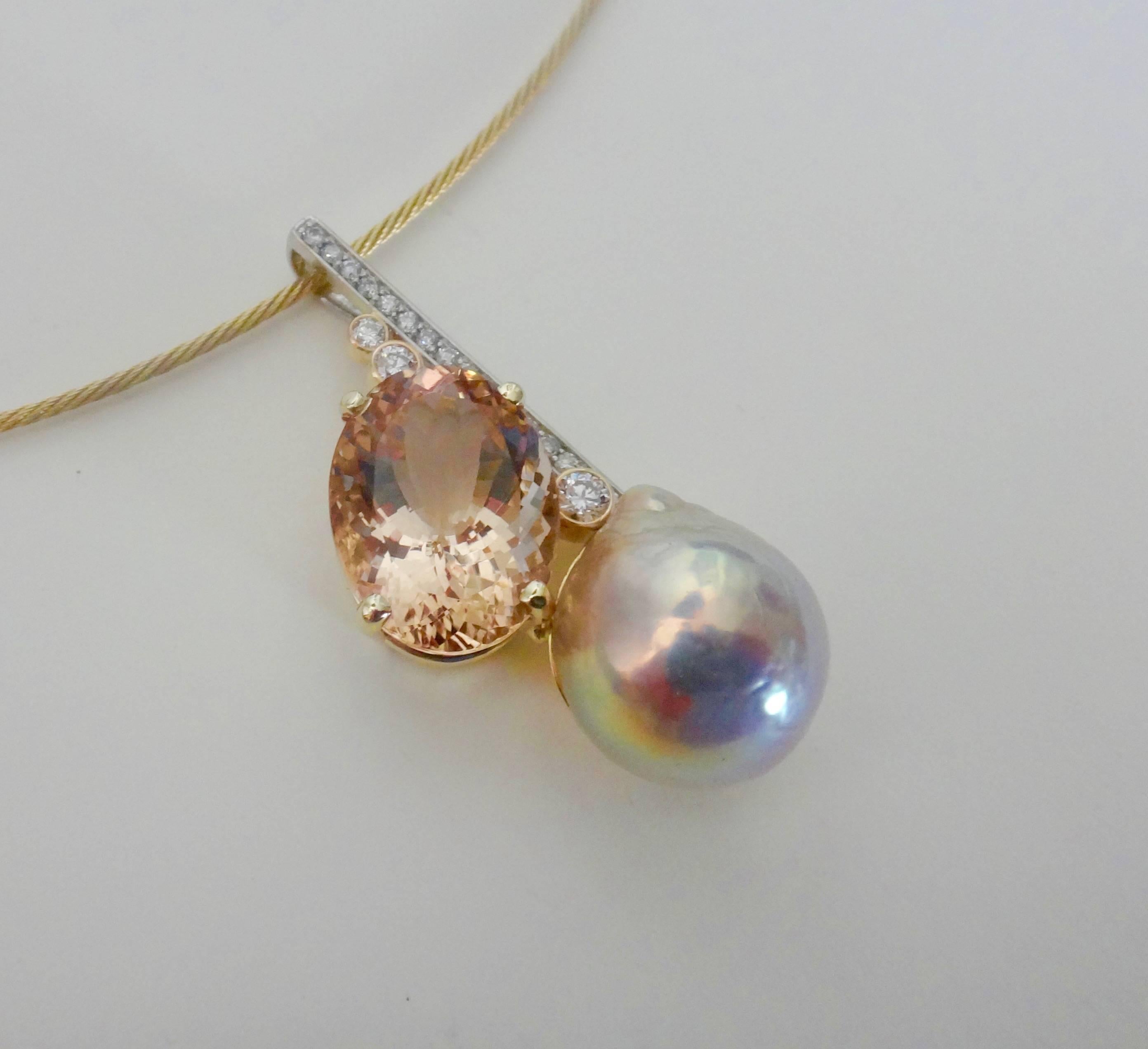 Morganite in a bright shell pink color is featured in this modernist pendant  (Morganite is a member of the Beryl family of gems including aquamarine, golden beryl and heliodor) The oval Portuguese faceting configuration contributes to the