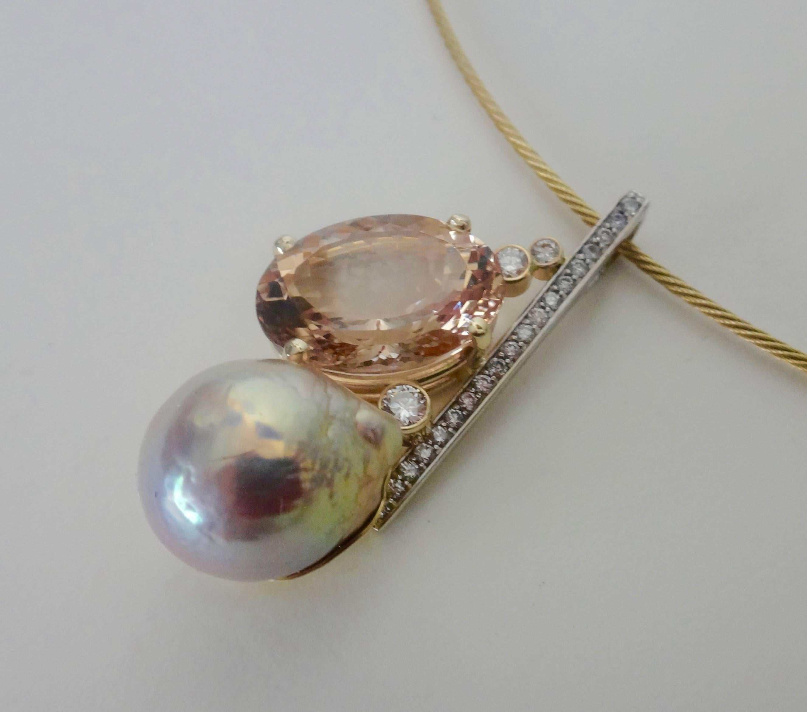 Contemporary Michael Kneebone Morganite Kasumi Pearl Diamond Modernist Pendant