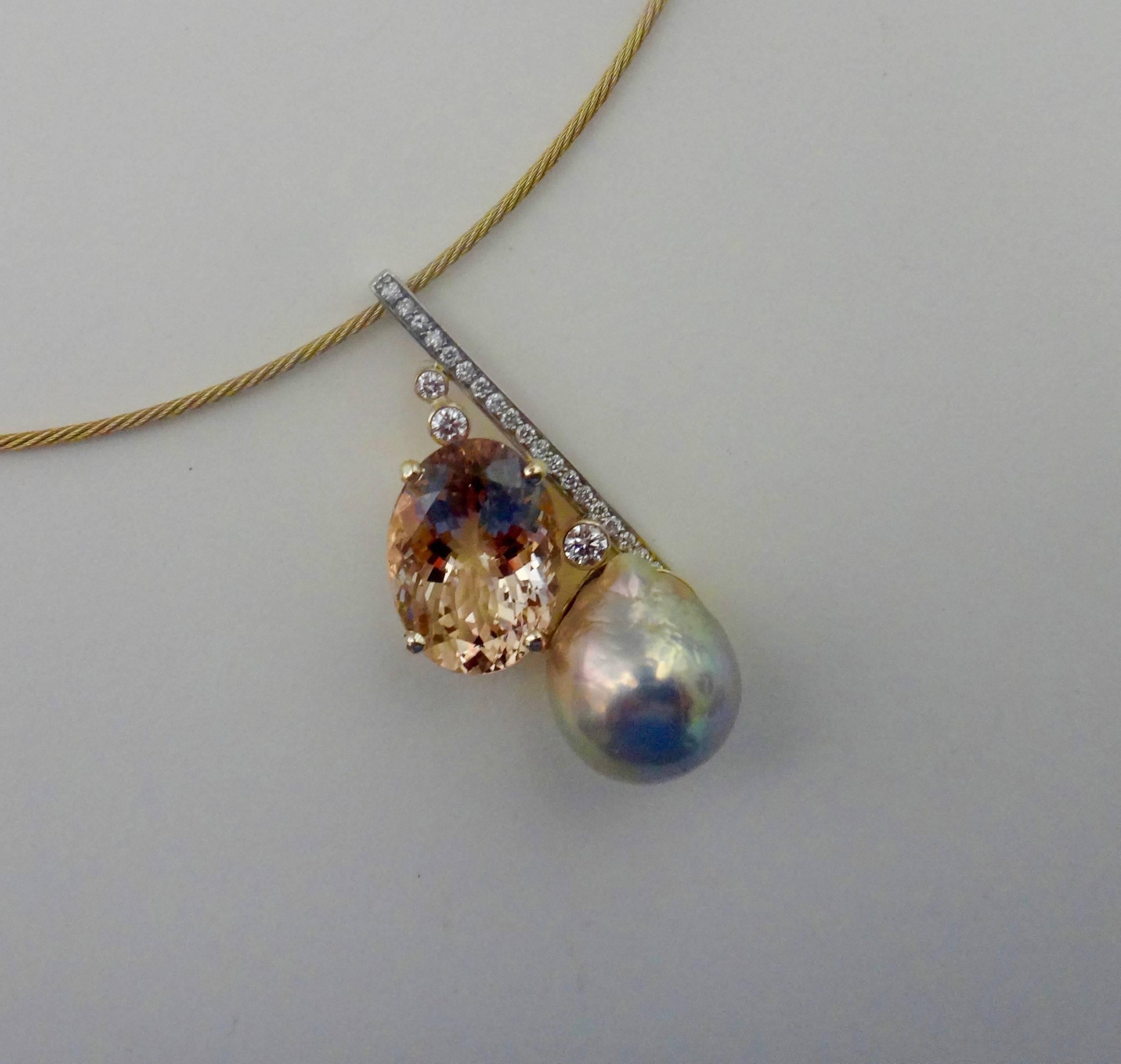 Women's or Men's Michael Kneebone Morganite Kasumi Pearl Diamond Modernist Pendant