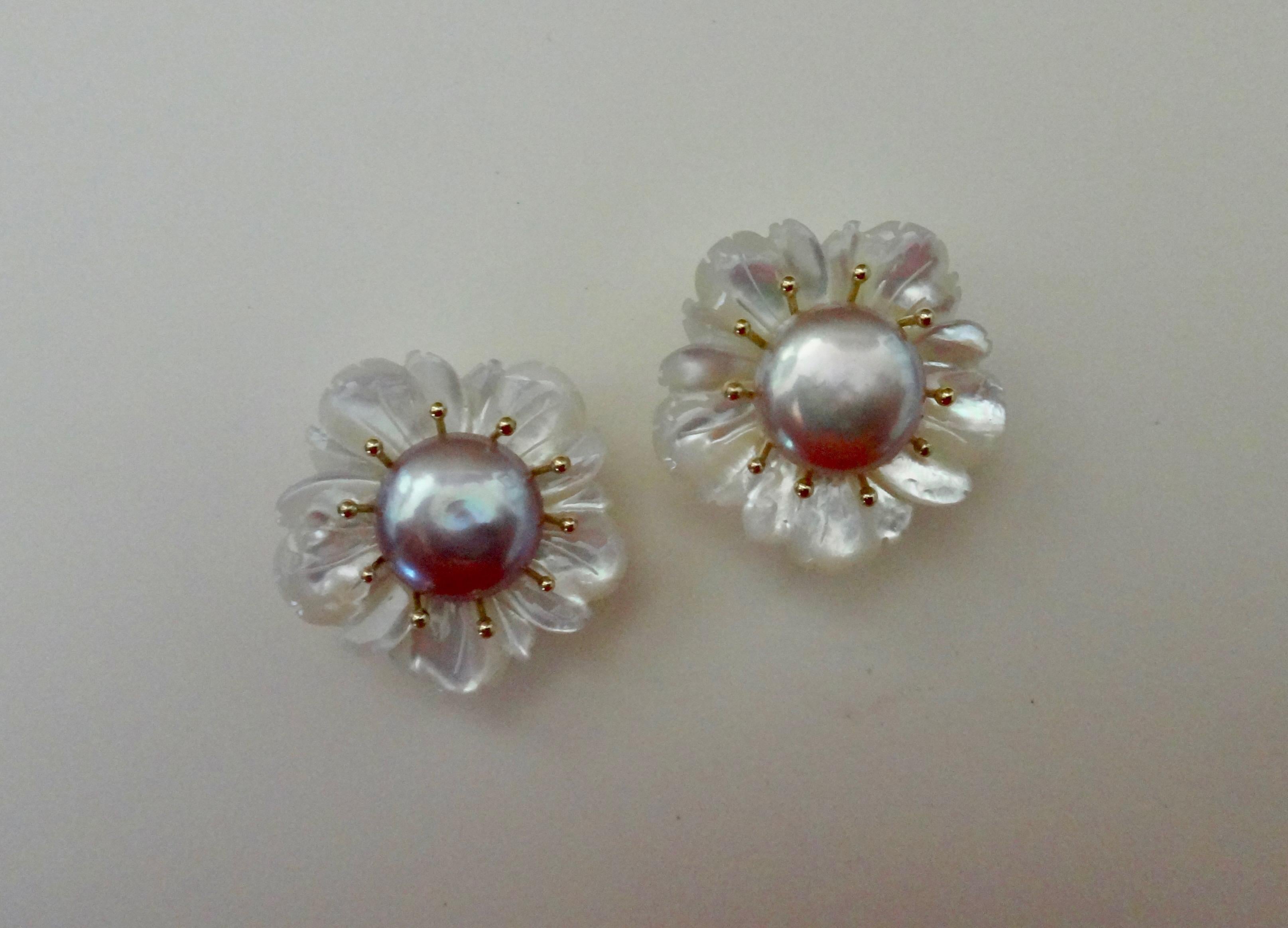 Contemporary Michael Kneebone Mother-of-Pearl Coin Pearl 18 Karat Gold Flower Earrings
