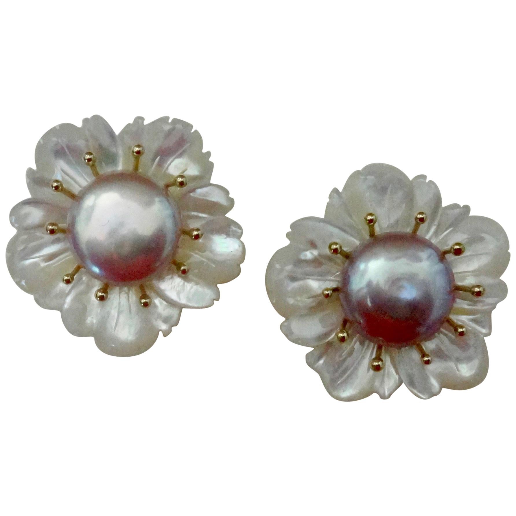 Michael Kneebone Mother-of-Pearl Coin Pearl 18 Karat Gold Flower Earrings