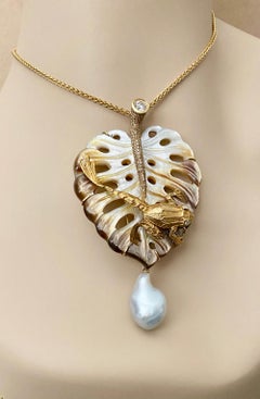 Michael Kneebone Mother of Pearl Mixed Gemstone Frog on Leaf Pendant