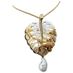 Michael Kneebone Mother of Pearl Mixed Gemstone Frog on Leaf Pendant