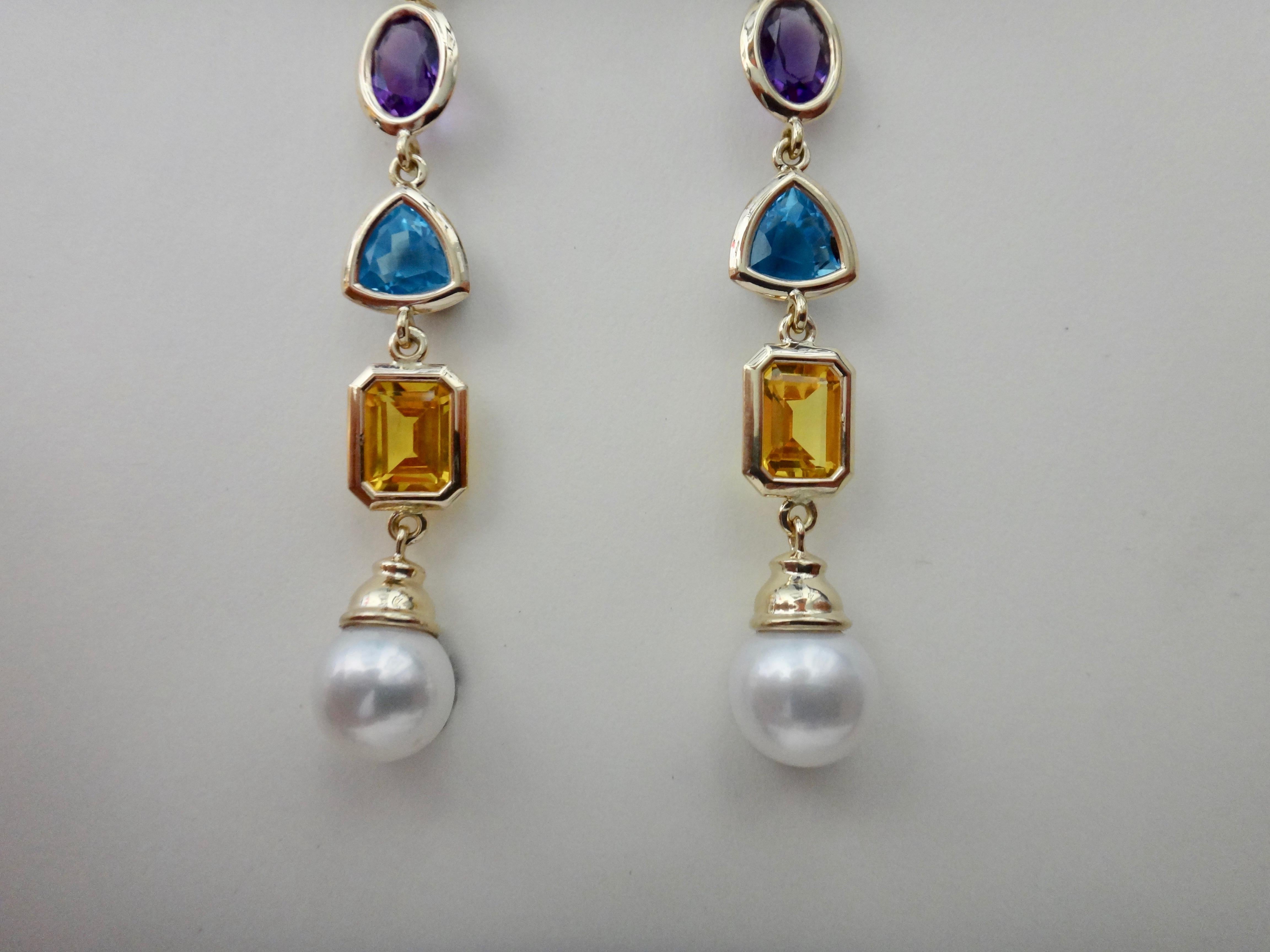 Michael Kneebone Multi-Gemstone Paspaley South Seas Pearl Dangle Earrings For Sale 2