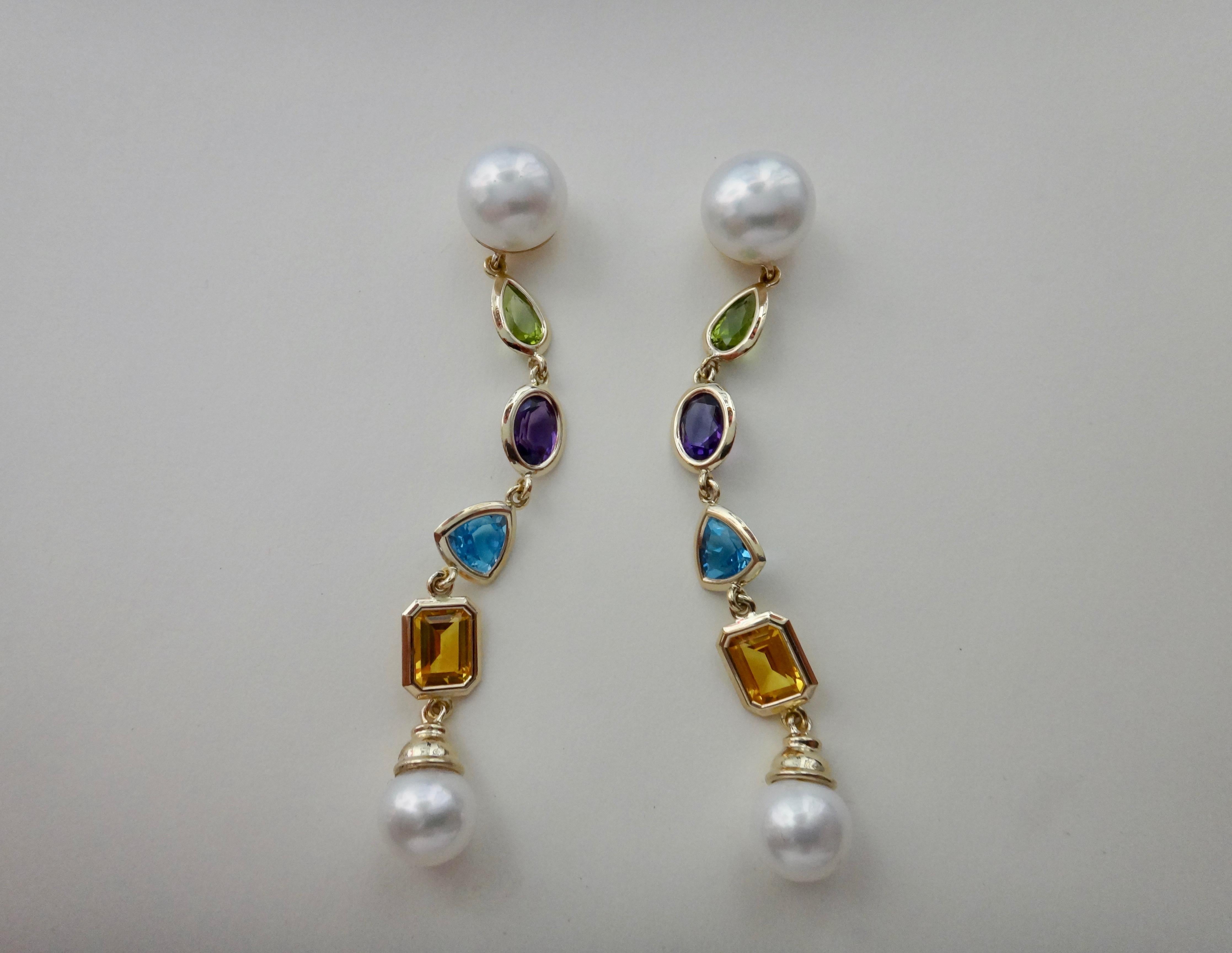 Contemporary Michael Kneebone Multi-Gemstone Paspaley South Seas Pearl Dangle Earrings For Sale