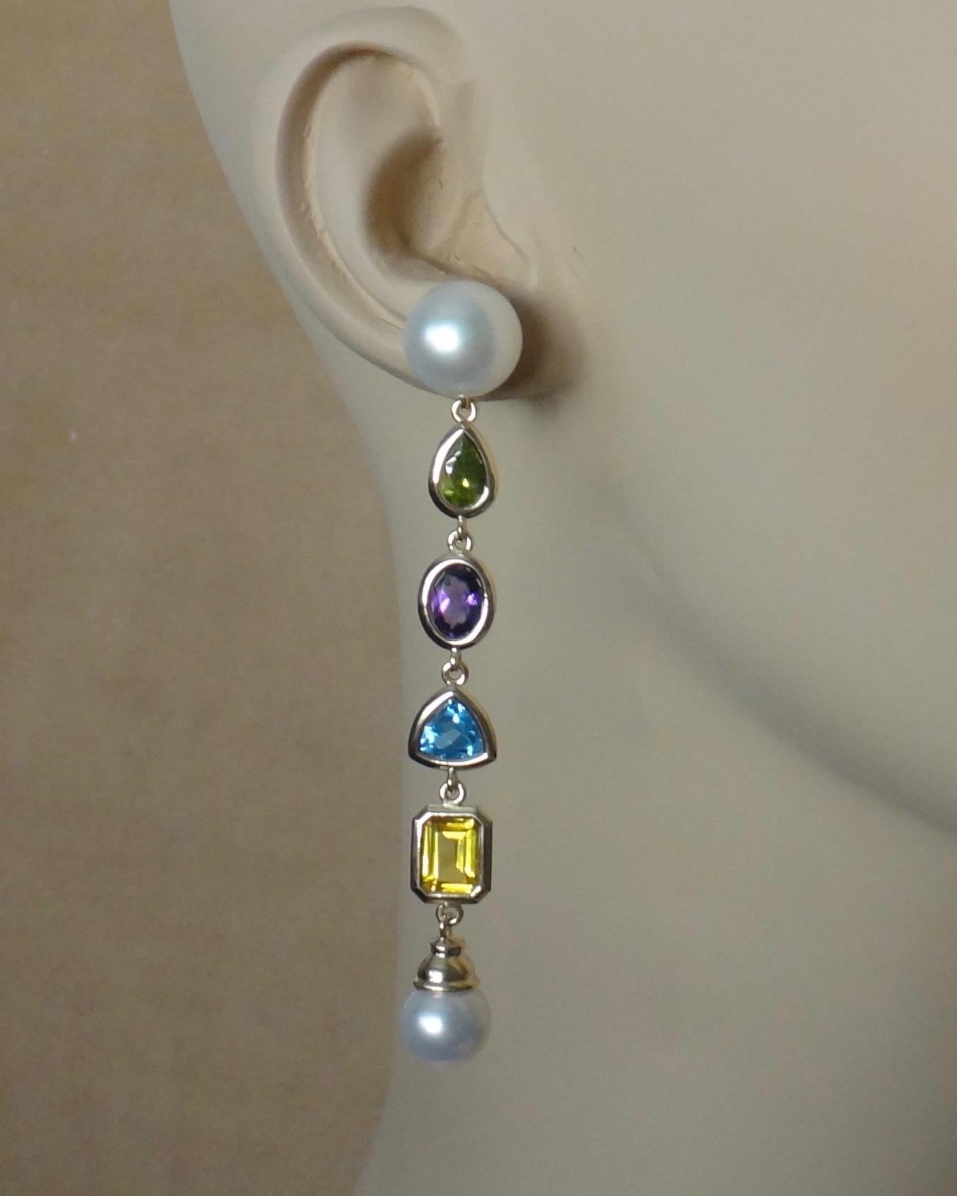 Mixed Cut Michael Kneebone Multi-Gemstone Paspaley South Seas Pearl Dangle Earrings For Sale