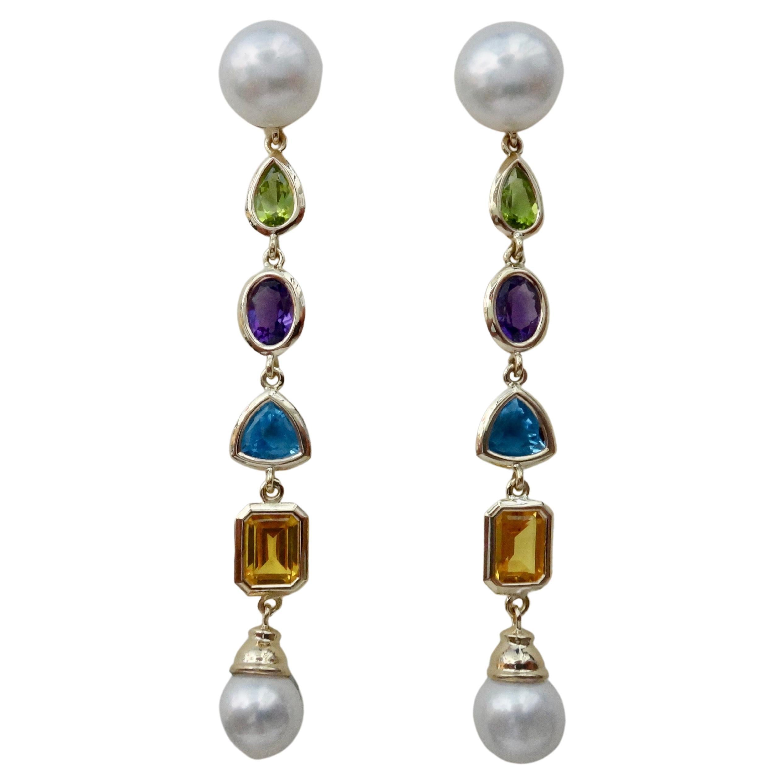 Michael Kneebone Multi-Gemstone Paspaley South Seas Pearl Dangle Earrings For Sale