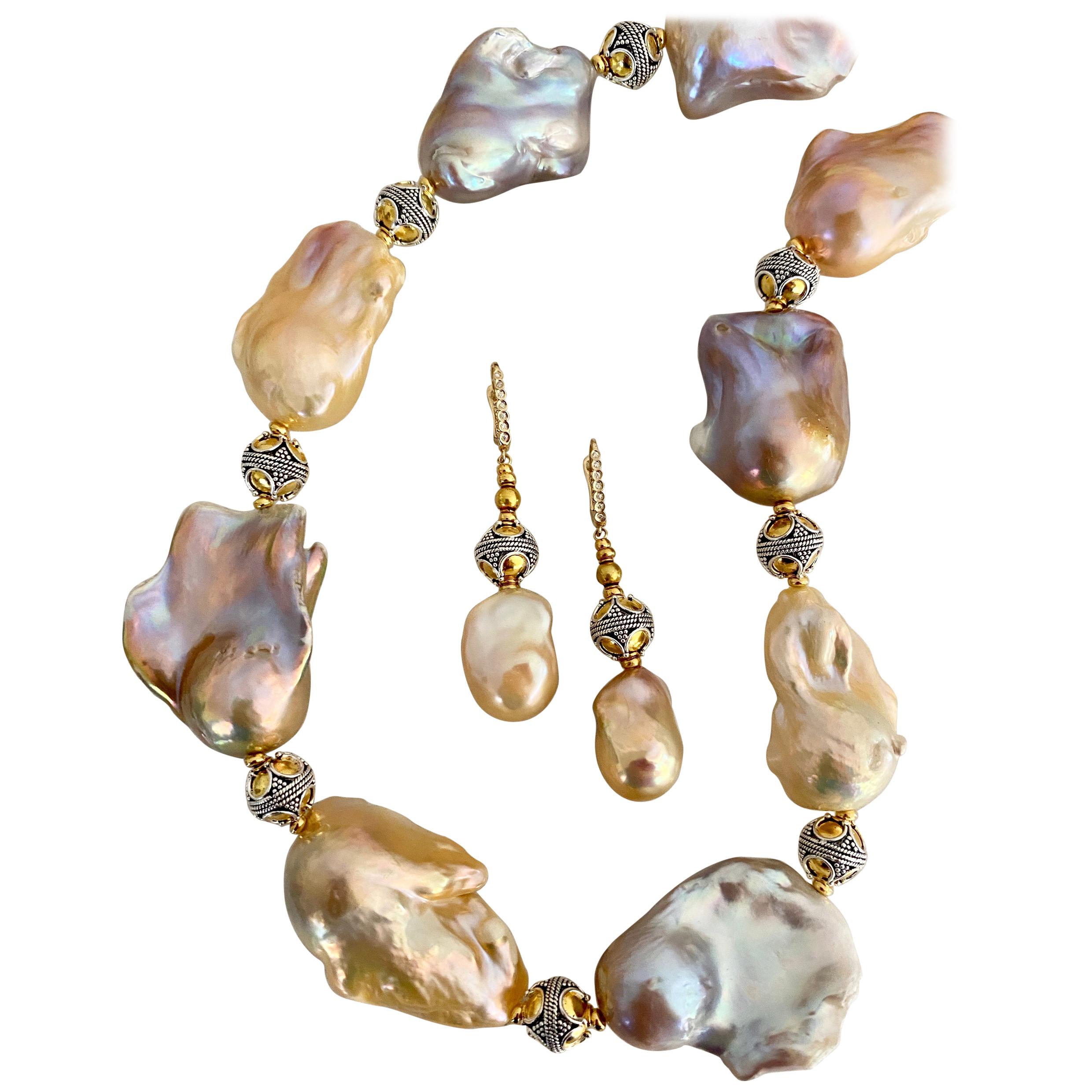 Michael Kneebone Pastel Baroque Pearl Granulated Bead Necklace Earring Suite