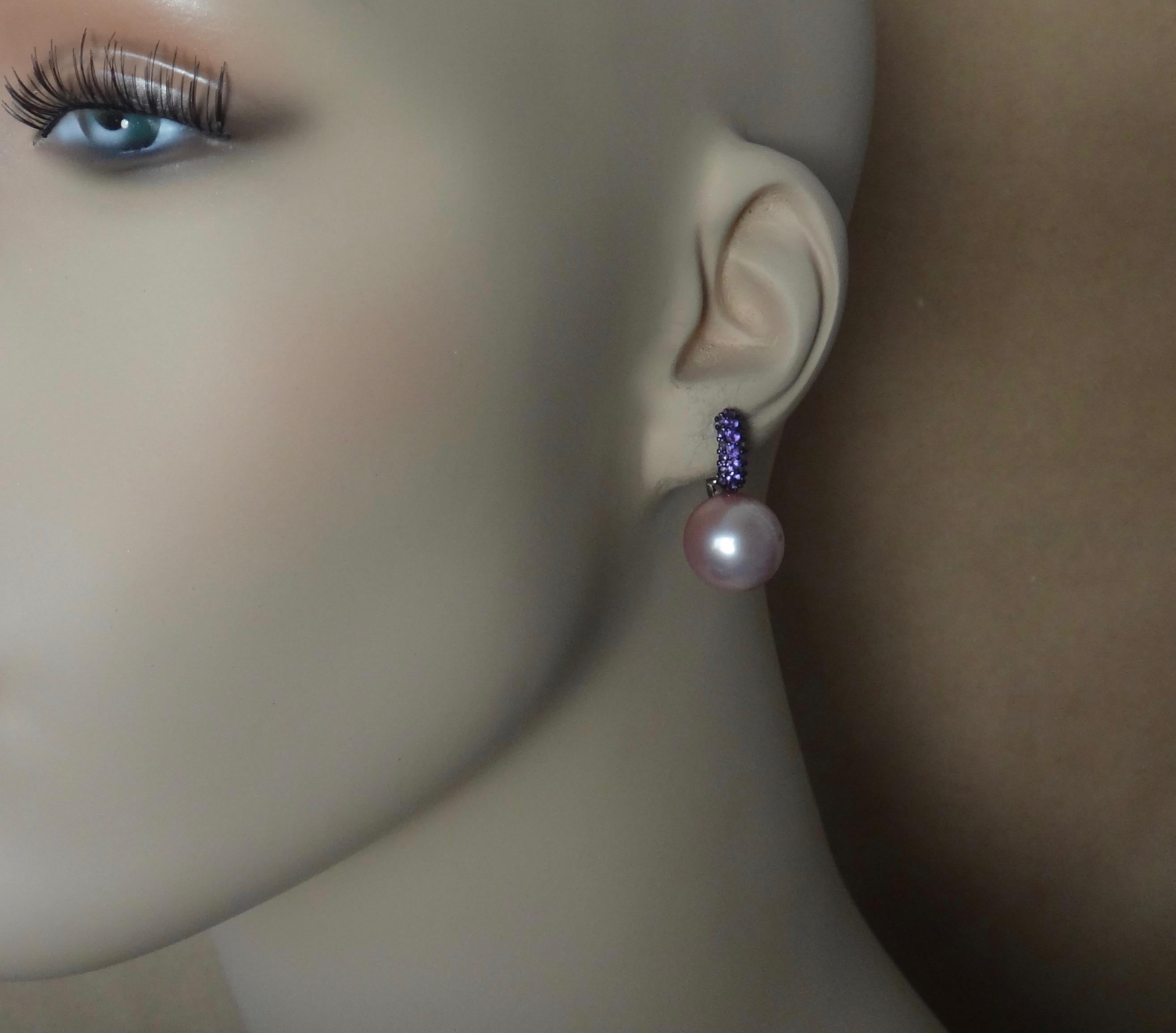 Michael Kneebone Pave Amethyst Lavender South Seas Pearl Drop Earrings In New Condition In Austin, TX