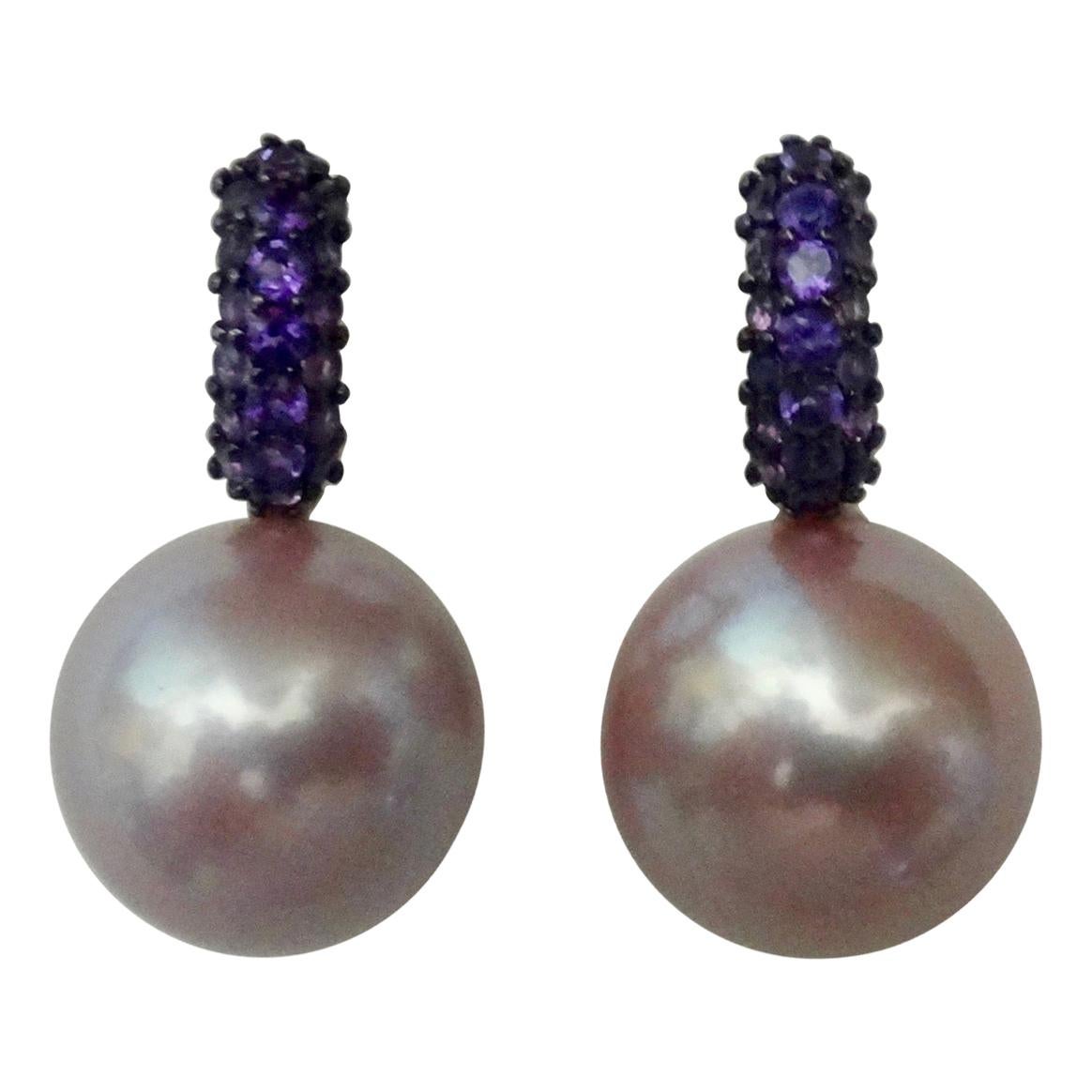 Michael Kneebone Pave Amethyst Lavender South Seas Pearl Drop Earrings