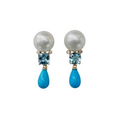 Michael Kneebone Pearl Aquamarine Turquoise Diamond Dangle Earrings