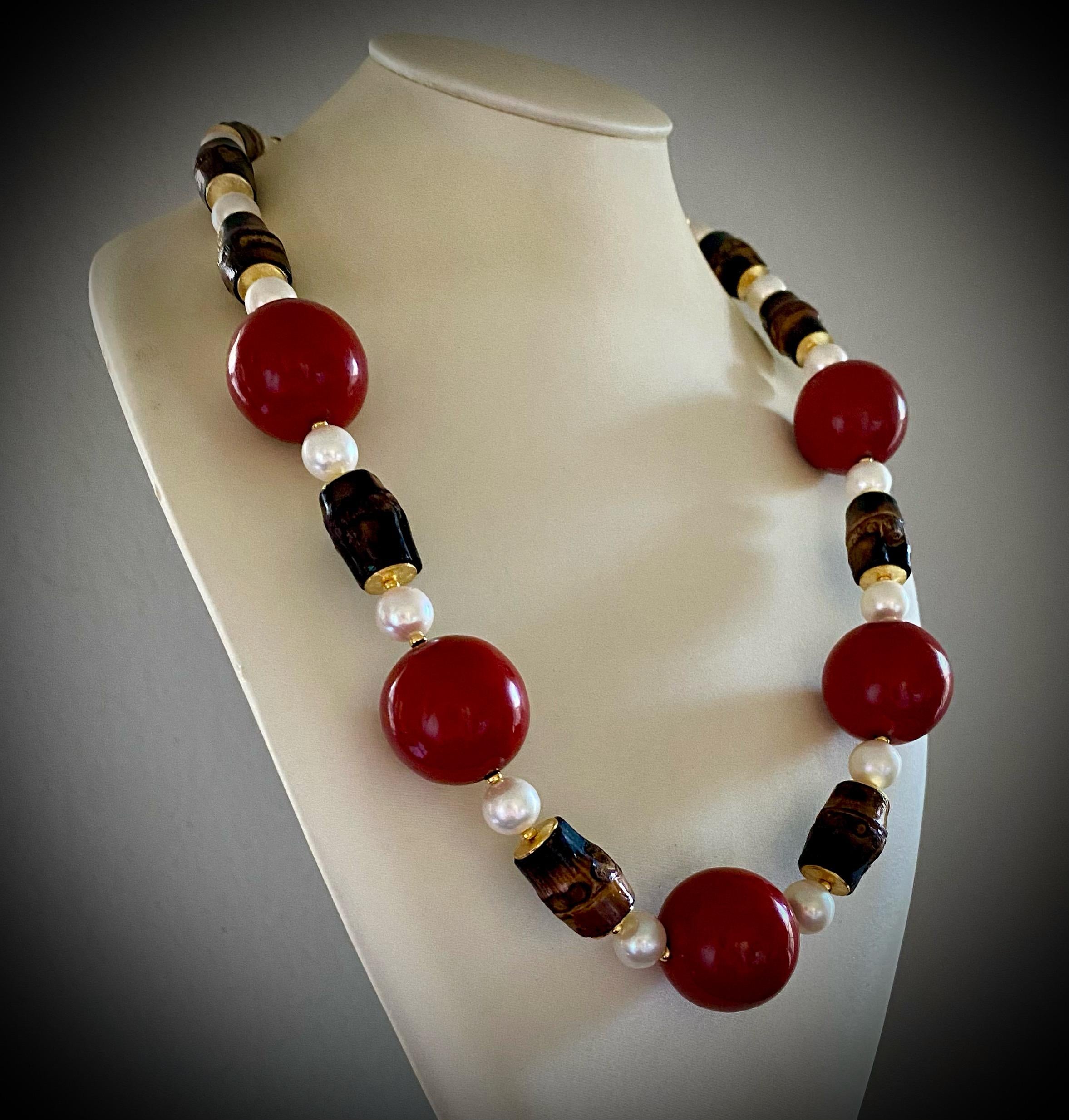 Michael Kneebone Pearl Cinnabar Lacquer Black Bamboo Bead Necklace In New Condition In Austin, TX