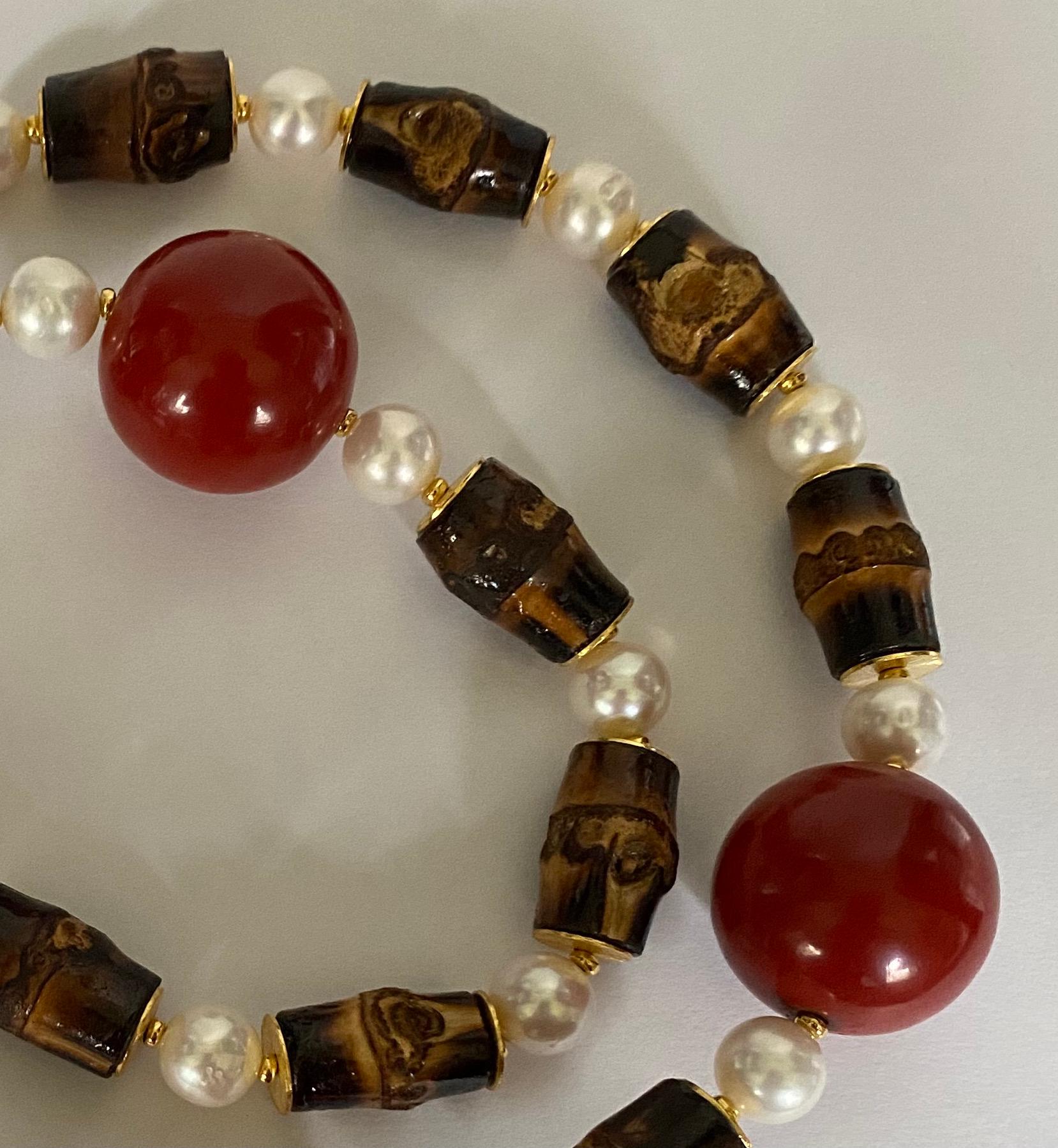 Michael Kneebone Pearl Cinnabar Lacquer Black Bamboo Bead Necklace In New Condition In Austin, TX