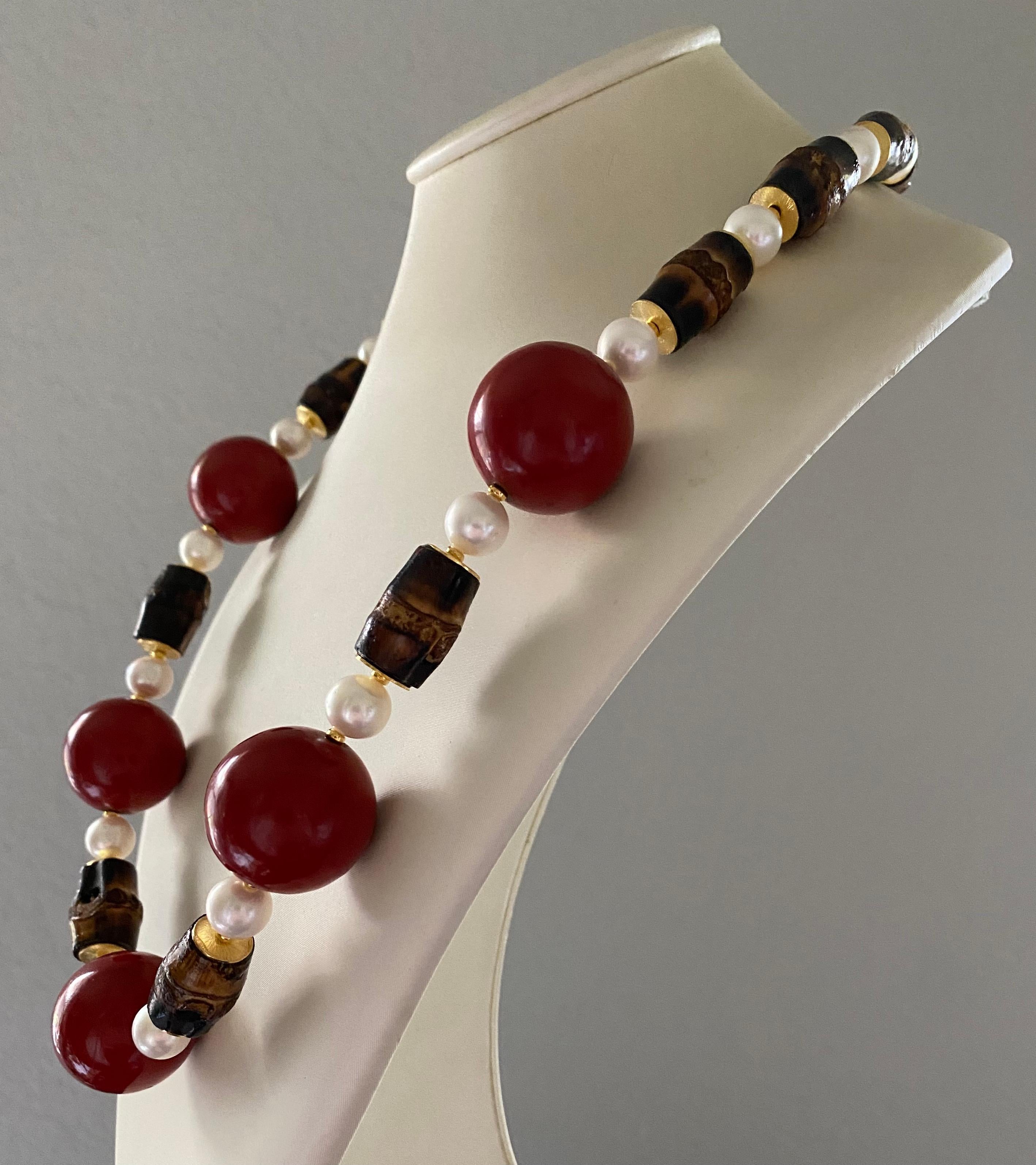 Women's or Men's Michael Kneebone Pearl Cinnabar Lacquer Black Bamboo Bead Necklace