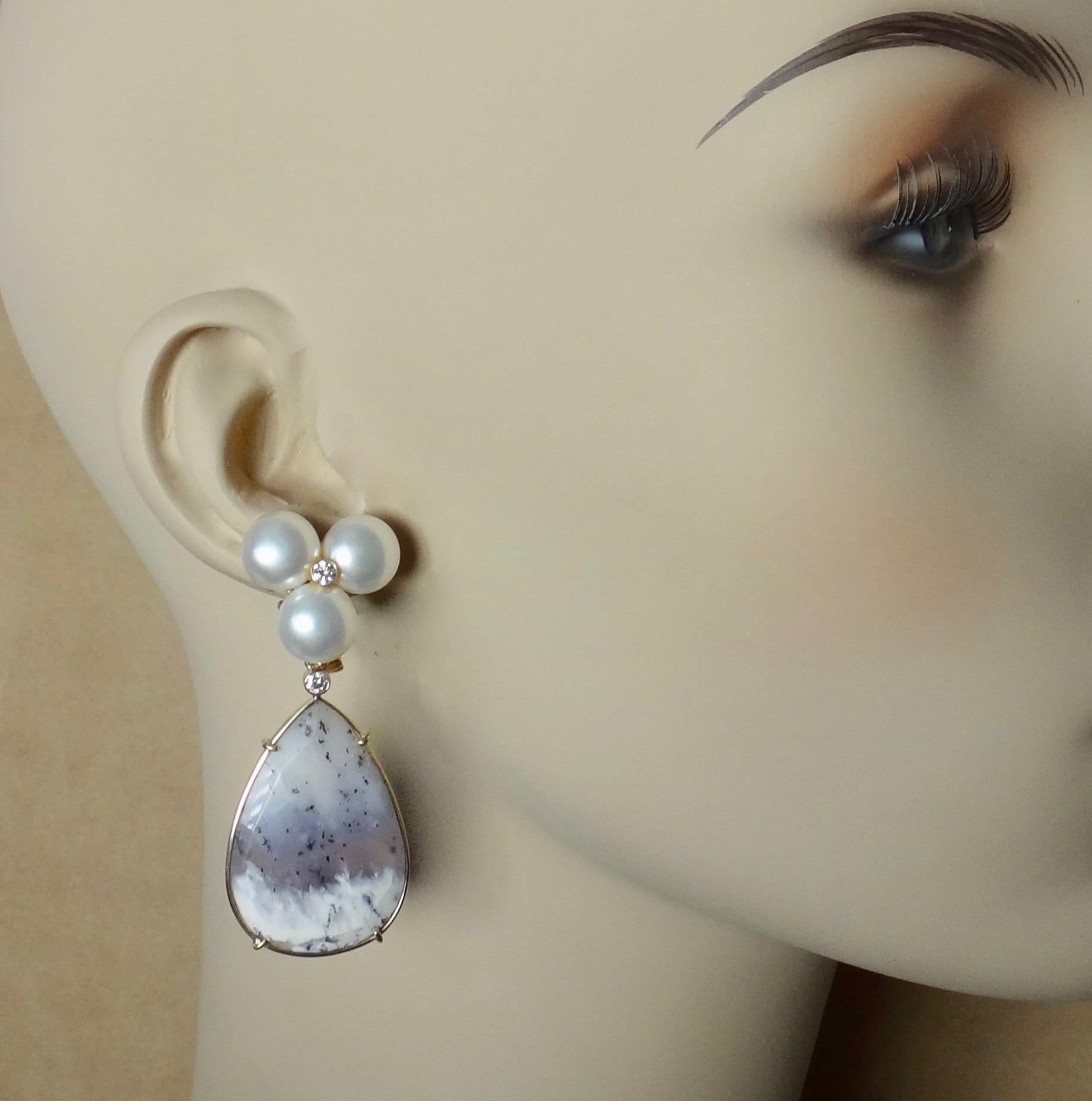 Michael Kneebone Pearl Cluster Diamond Dendritic Opal Dangle Earrings 4