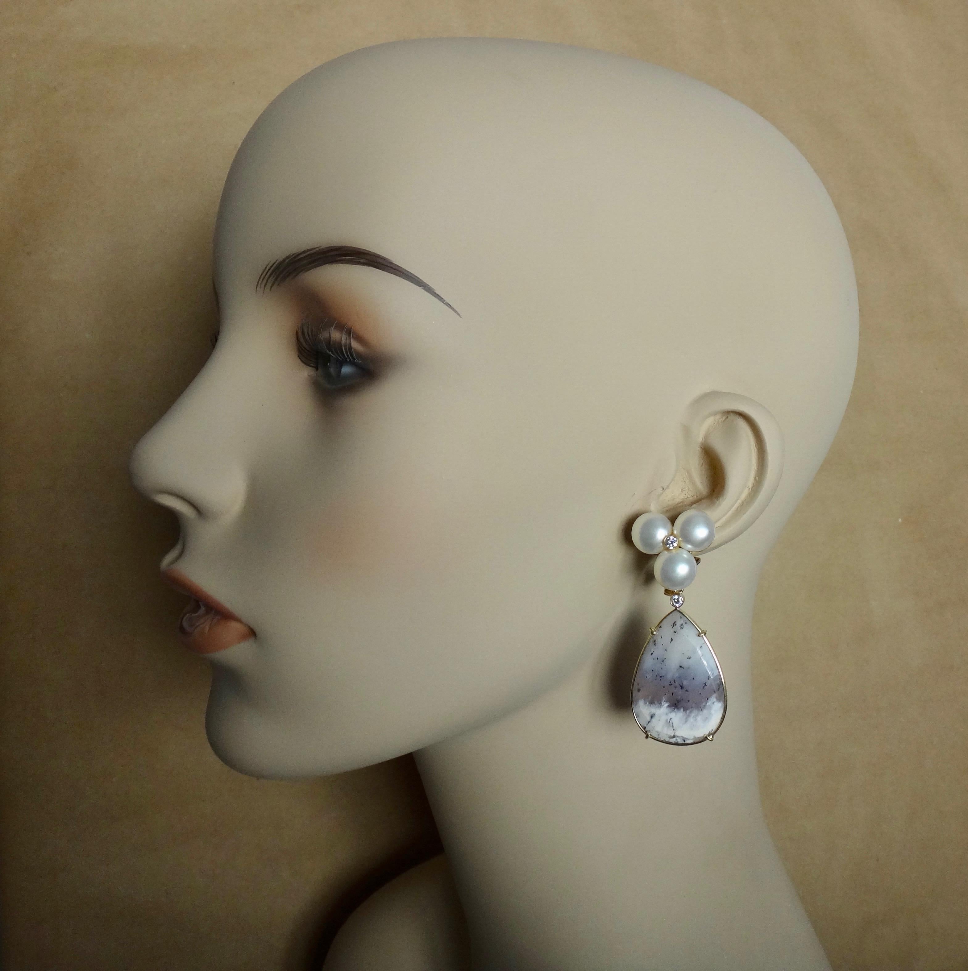 Contemporary Michael Kneebone Pearl Cluster Diamond Dendritic Opal Dangle Earrings