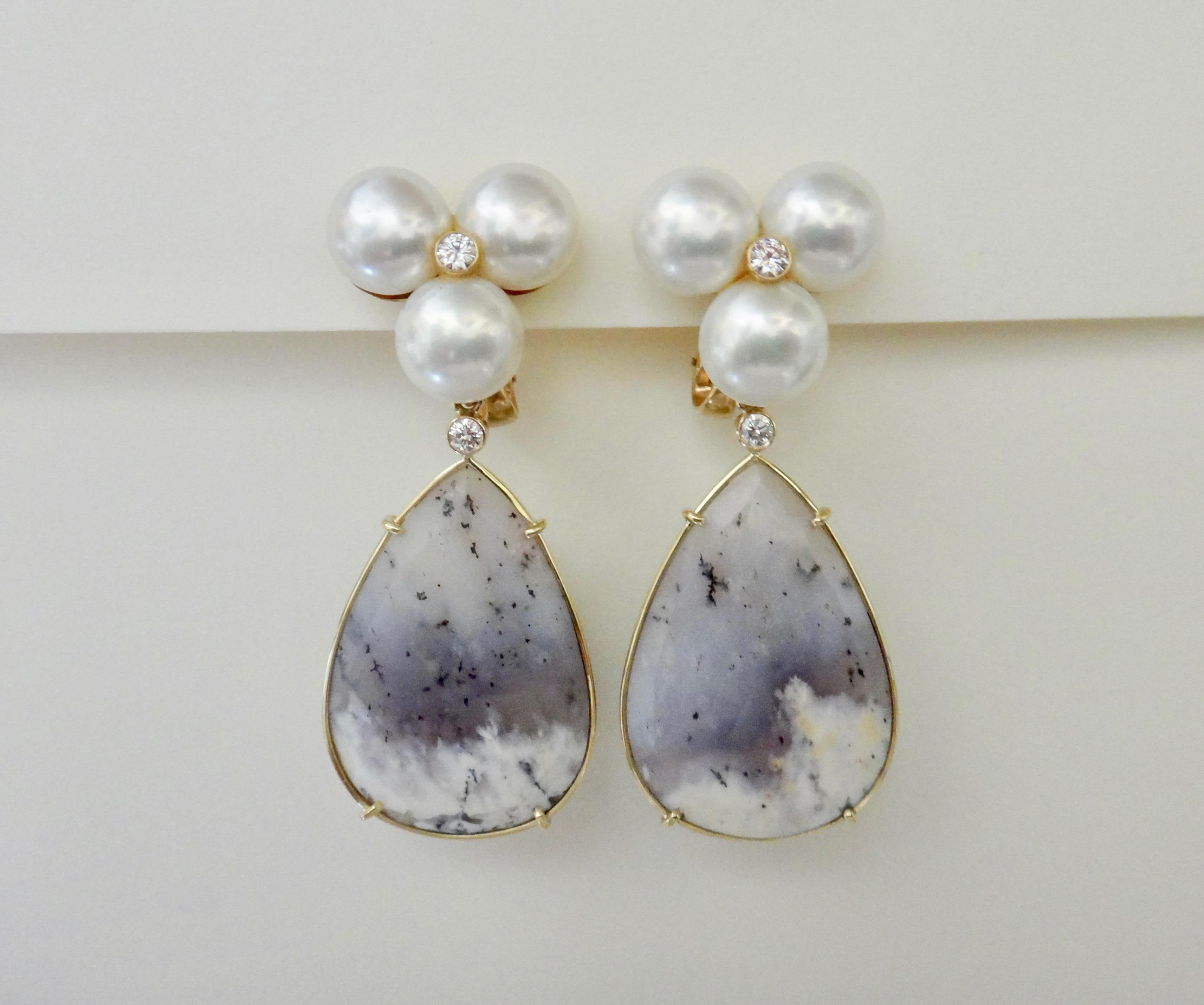 Michael Kneebone Pearl Cluster Diamond Dendritic Opal Dangle Earrings 1