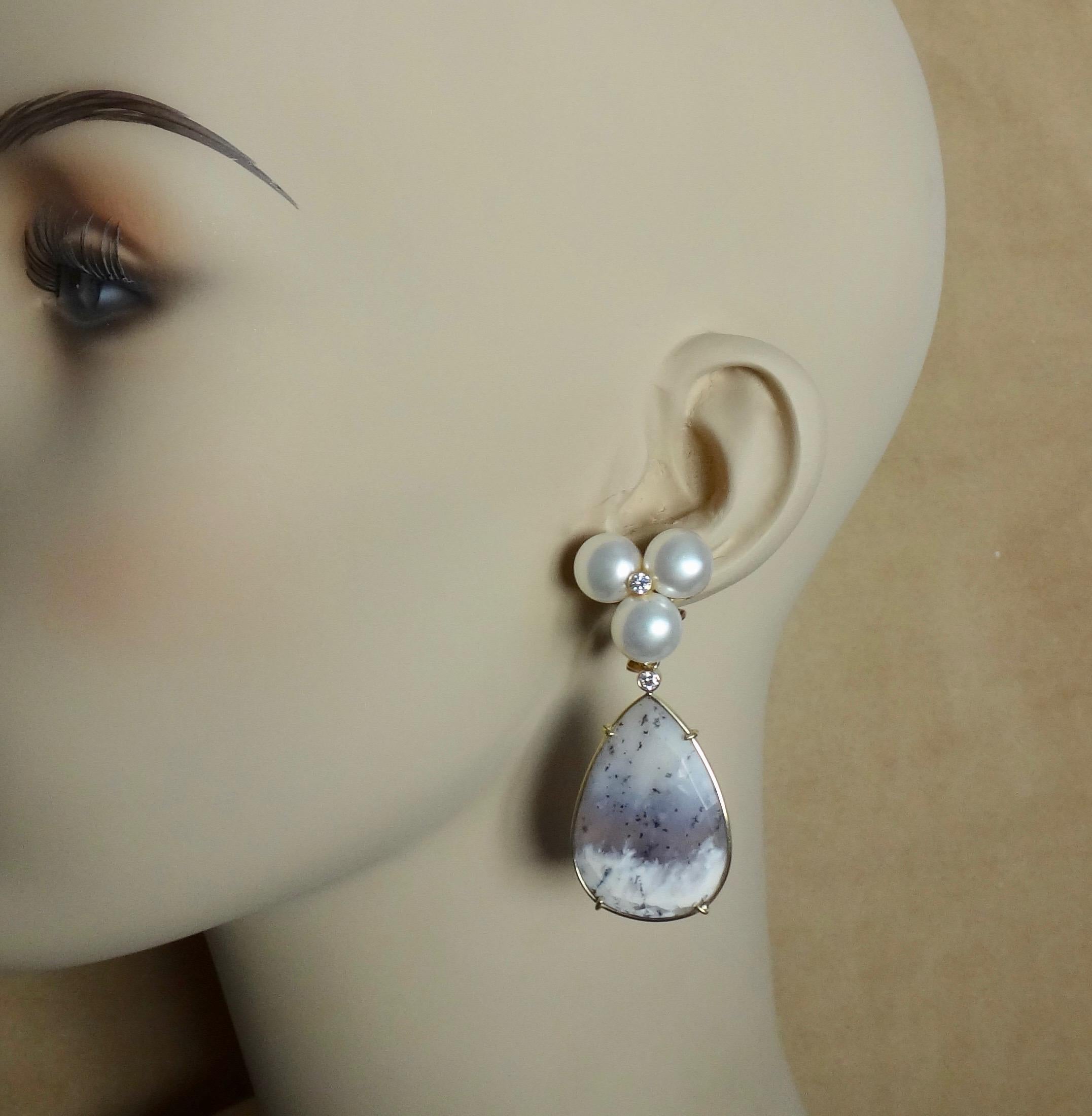 Michael Kneebone Pearl Cluster Diamond Dendritic Opal Dangle Earrings 2