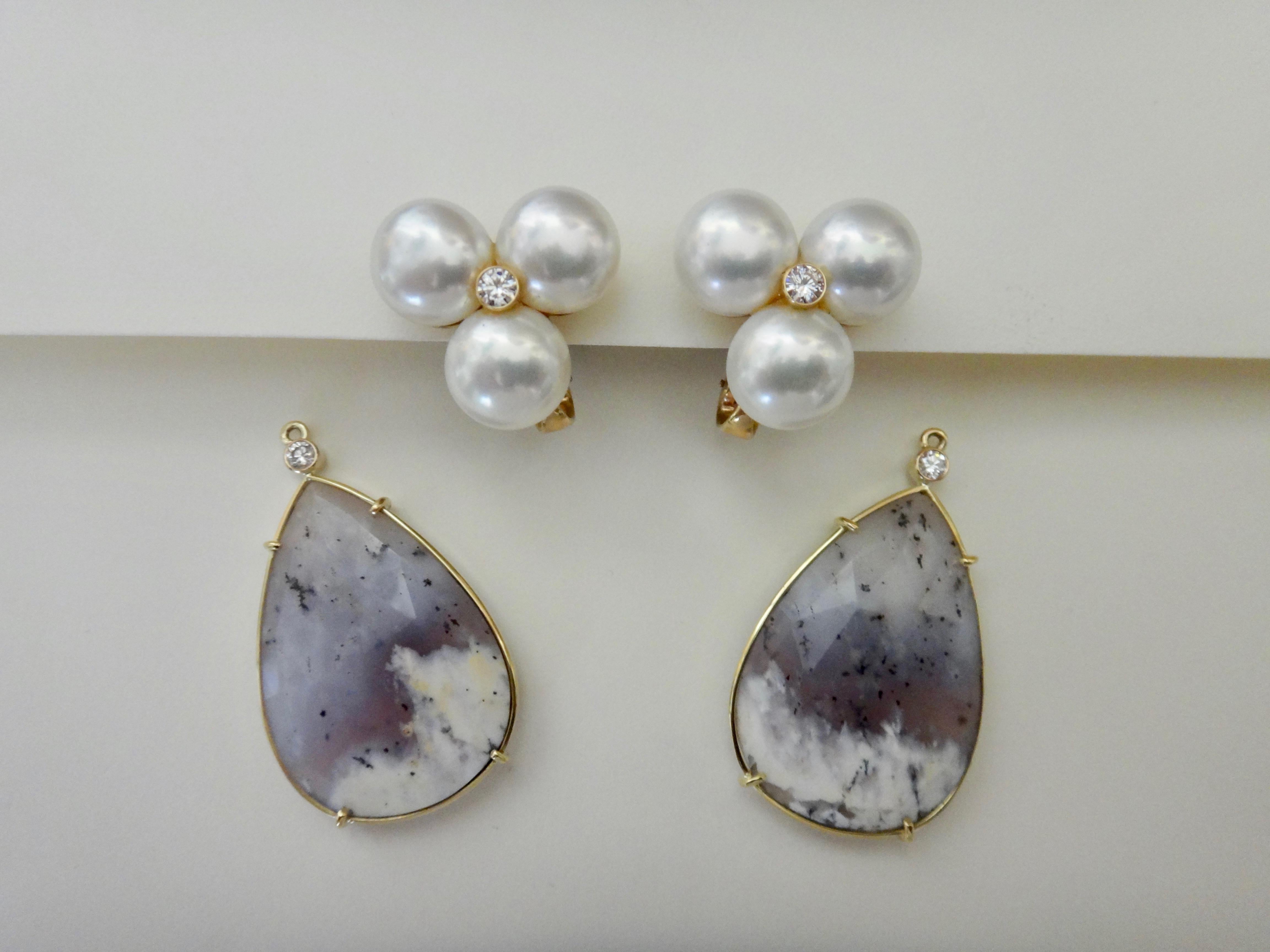 Michael Kneebone Pearl Cluster Diamond Dendritic Opal Dangle Earrings 3