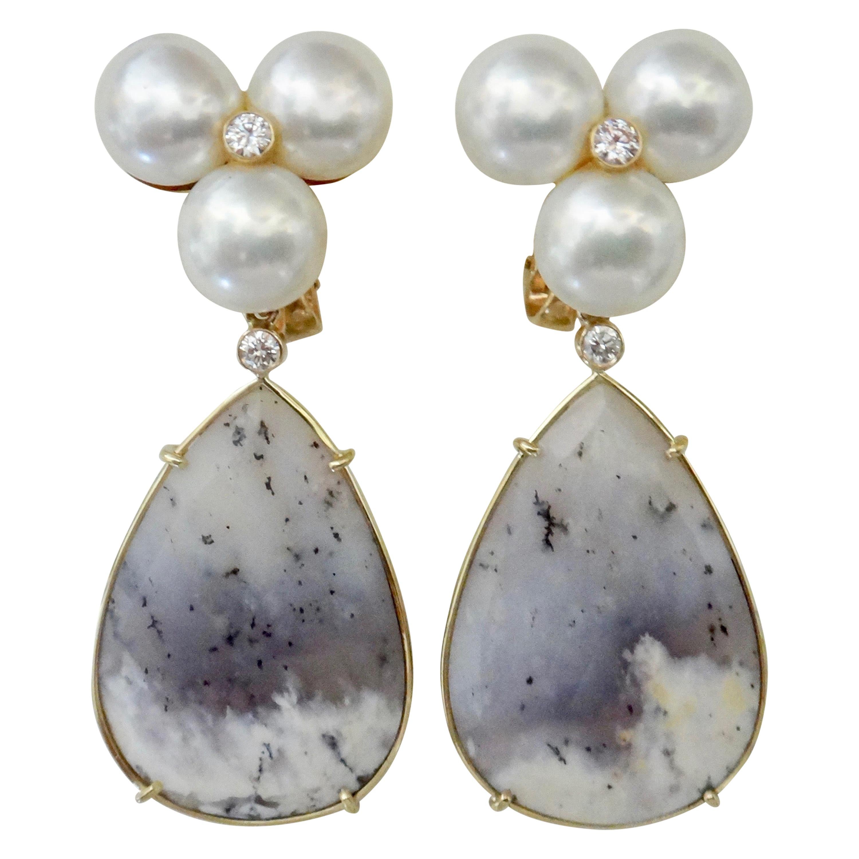 Michael Kneebone Pearl Cluster Diamond Dendritic Opal Dangle Earrings