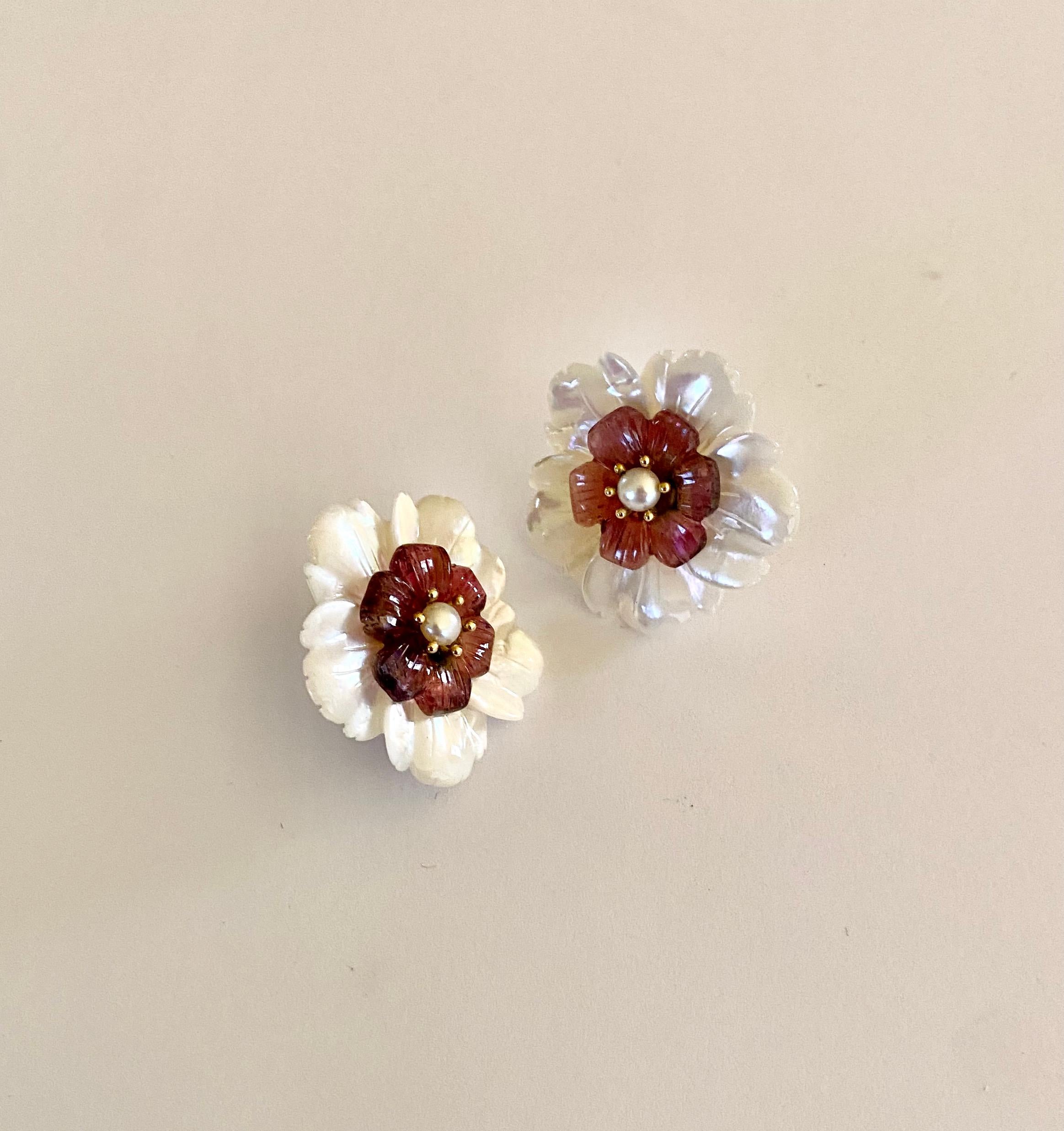 Michael Kneebone Pearl Pink Tourmaline Mother of Pearl Flower Earrings For Sale 3