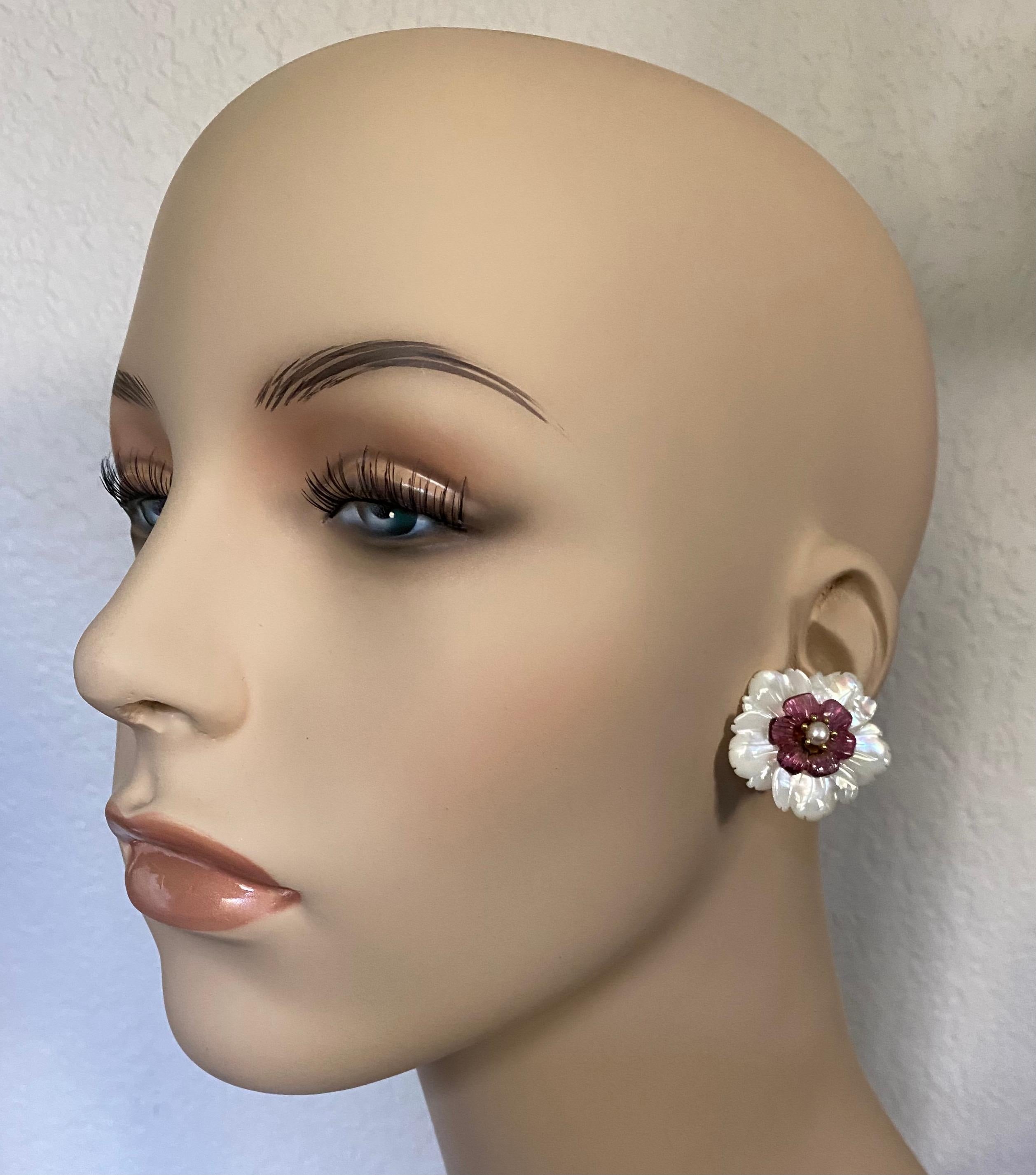 Mixed Cut Michael Kneebone Pearl Pink Tourmaline Mother of Pearl Flower Earrings For Sale