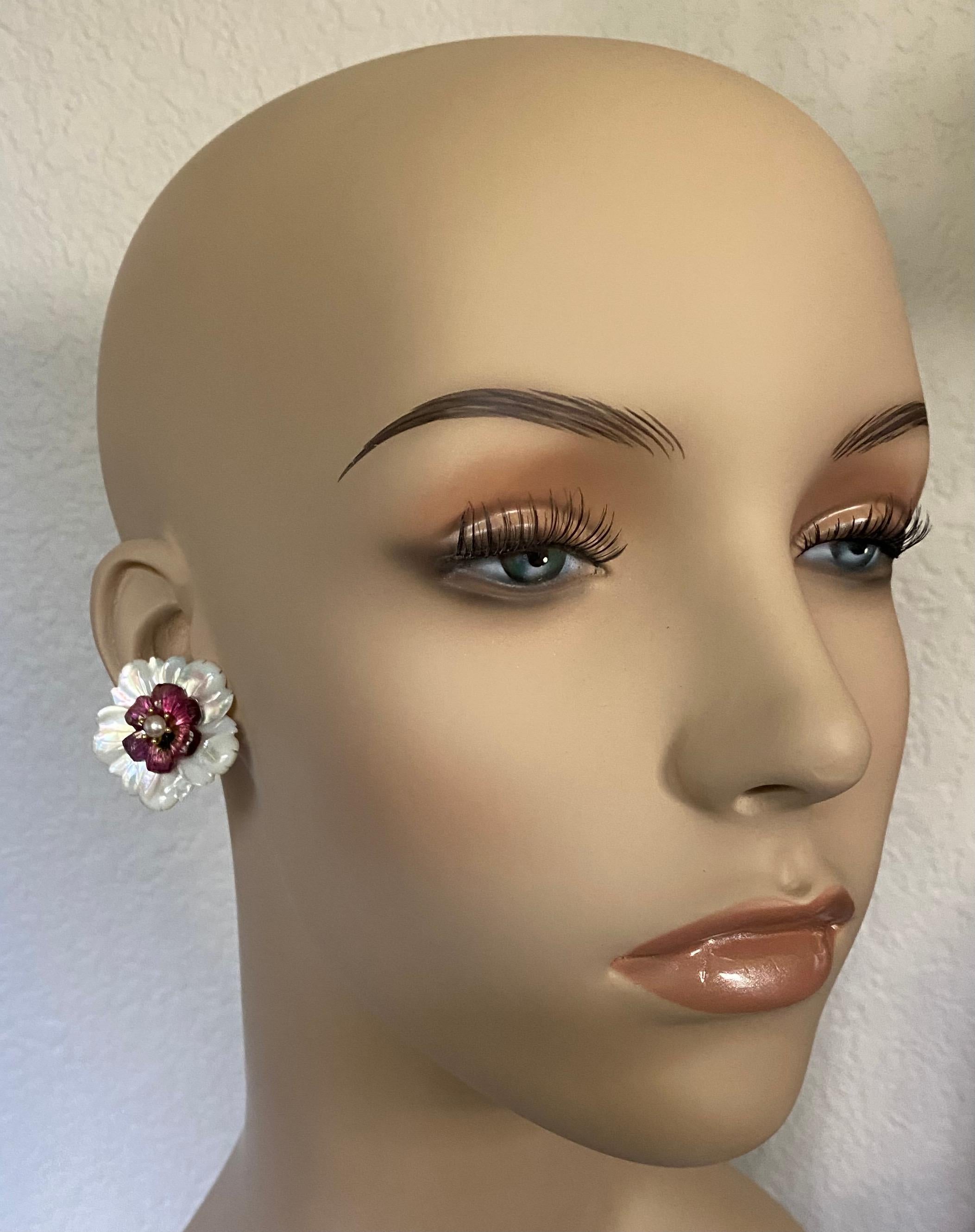 Women's Michael Kneebone Pearl Pink Tourmaline Mother of Pearl Flower Earrings For Sale