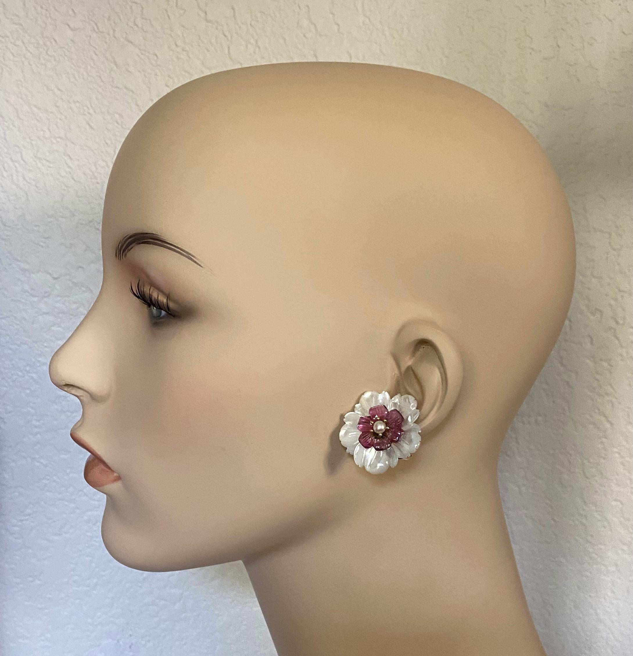 Michael Kneebone Pearl Pink Tourmaline Mother of Pearl Flower Earrings For Sale 2