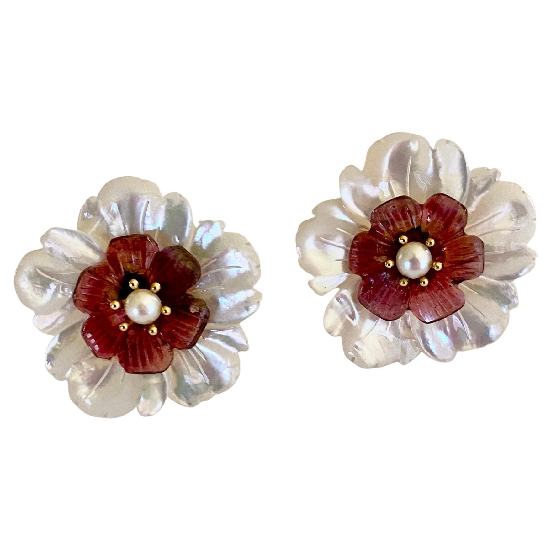 Michael Kneebone Pearl Pink Tourmaline Mother of Pearl Flower Earrings For Sale