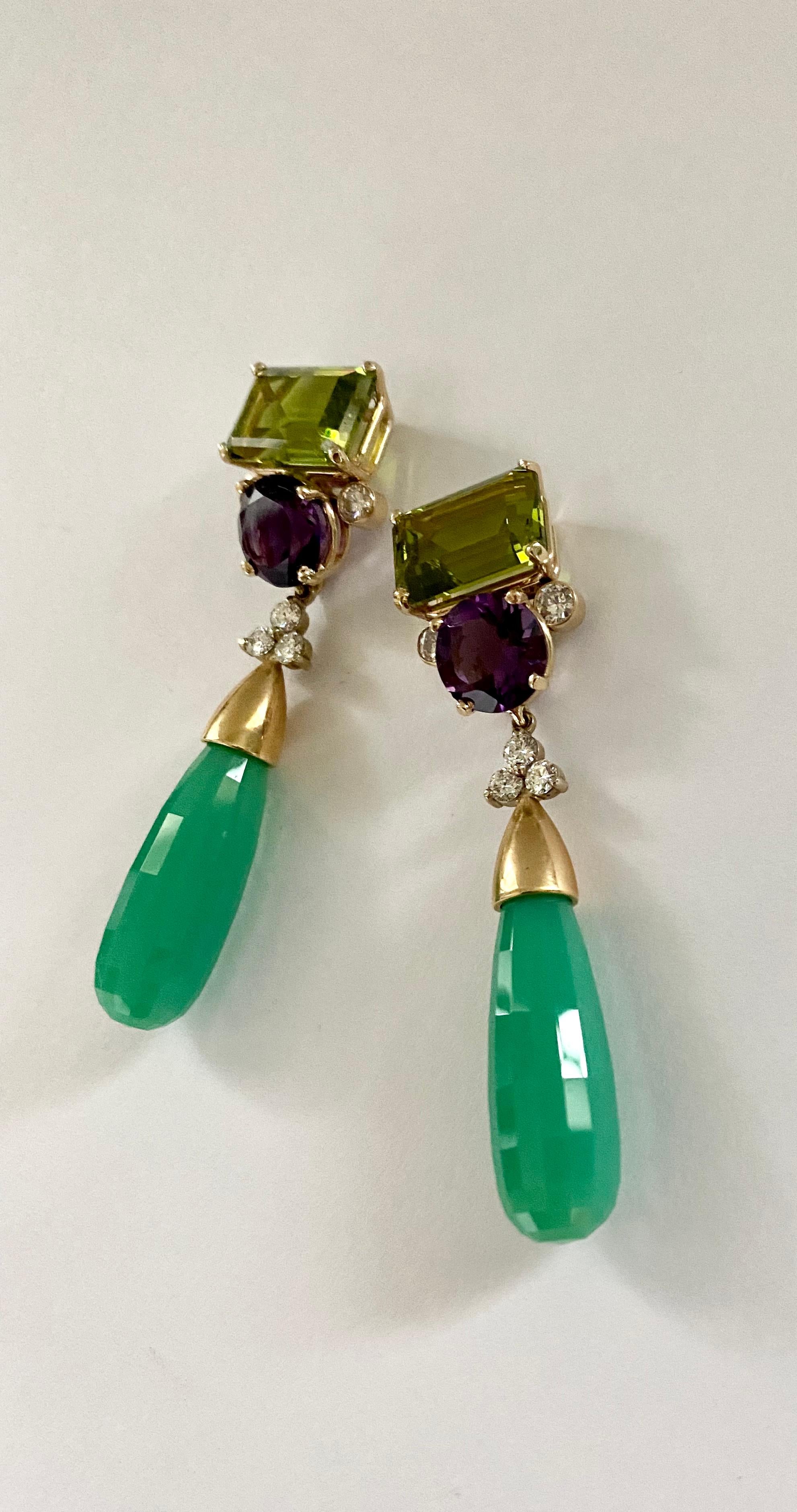 Contemporary Michael Kneebone Peridot Amethyst Diamond Chrysoprase Dangle Earrings For Sale