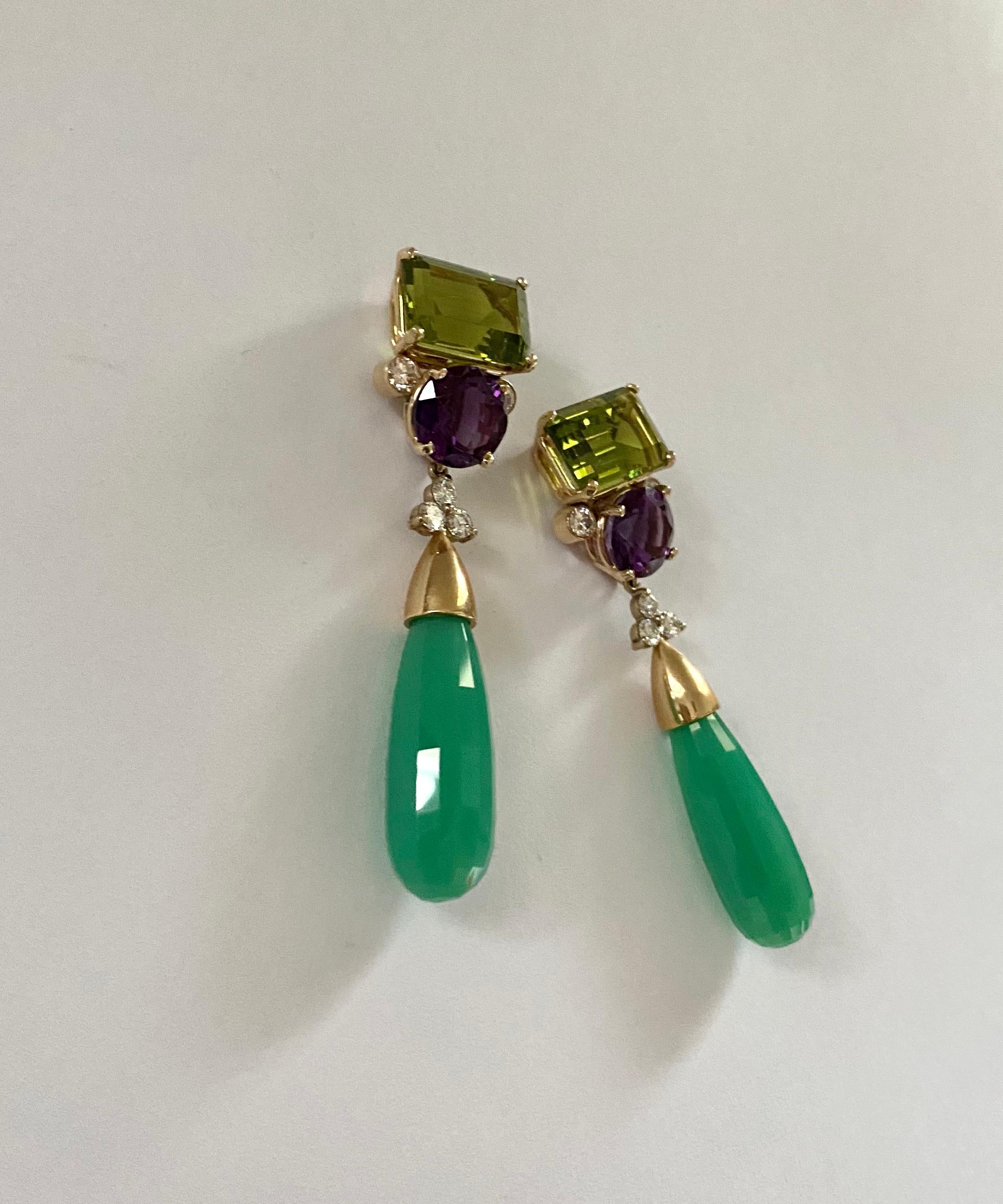 Michael Kneebone Peridot Amethyst Diamond Chrysoprase Dangle Earrings For Sale 1