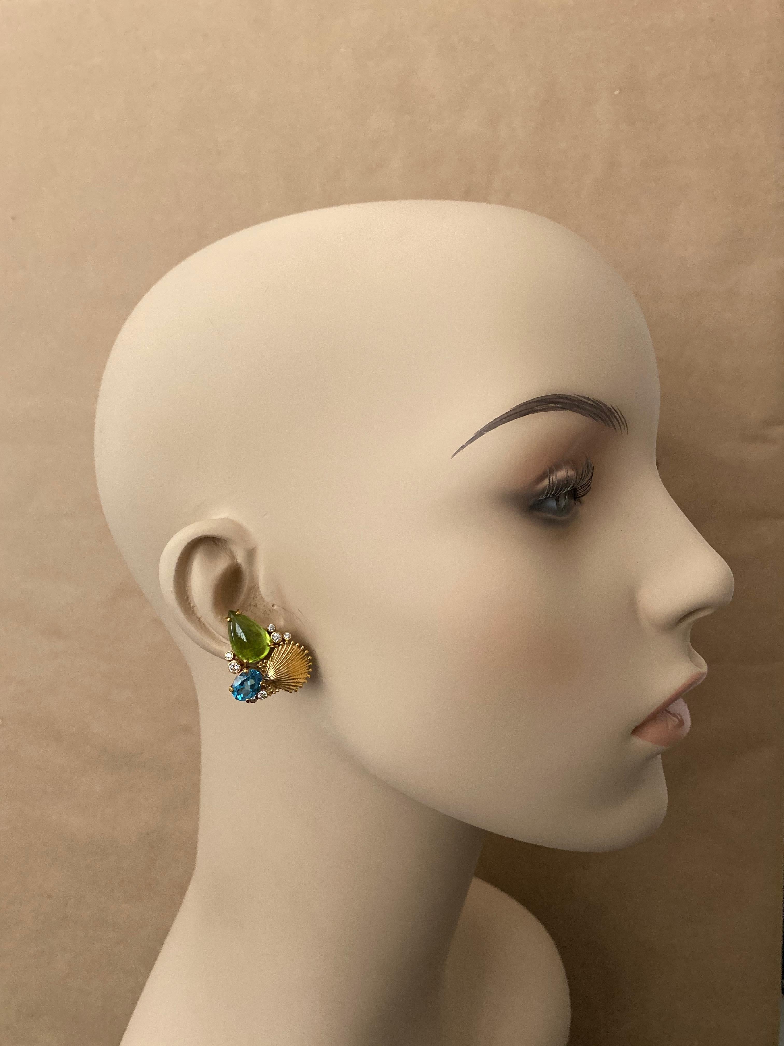 Michael Kneebone Peridot Blue Topaz Diamond Gold Shell Earrings For Sale 4