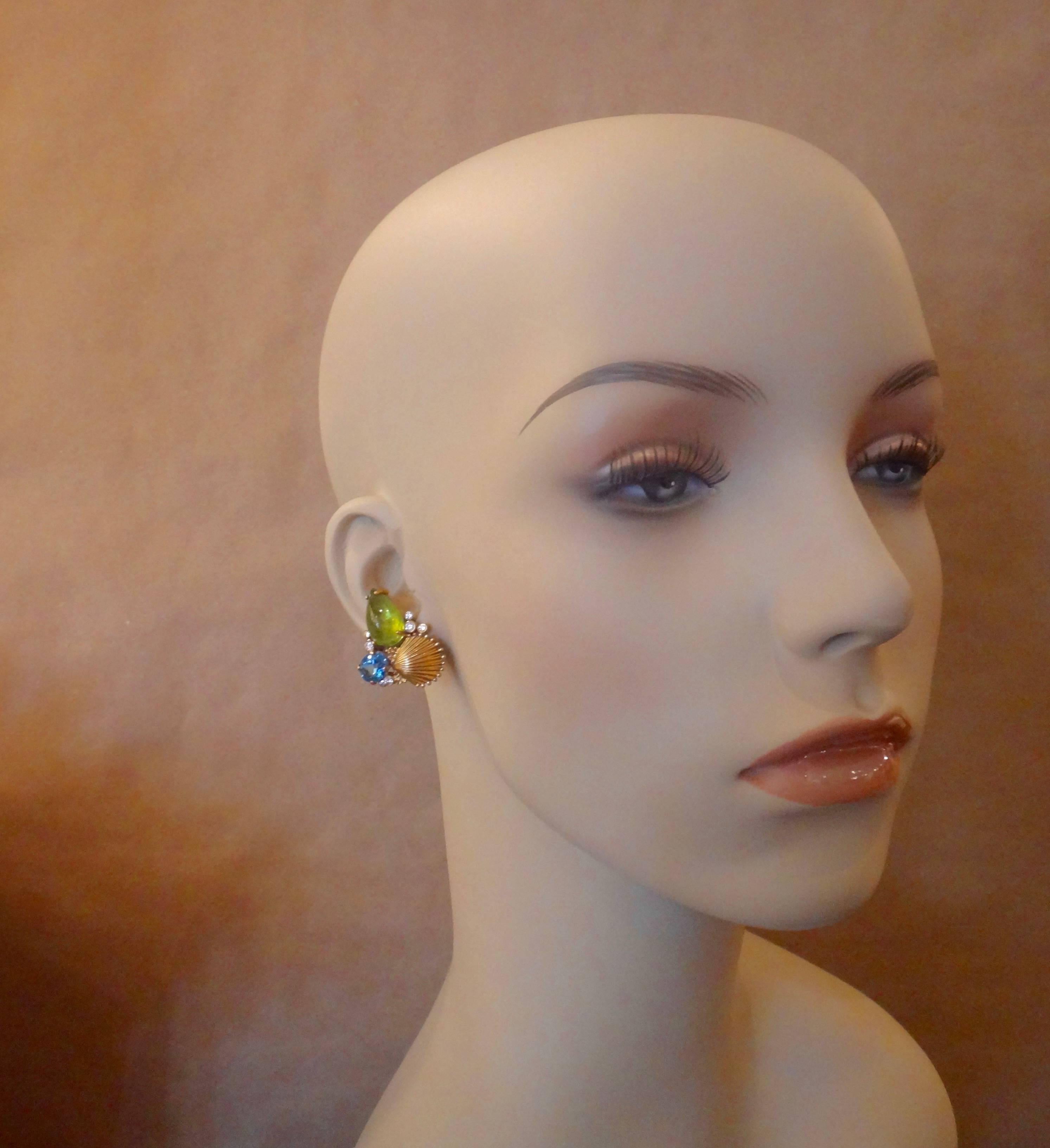Contemporary Michael Kneebone Peridot Blue Topaz Diamond Gold Shell Earrings