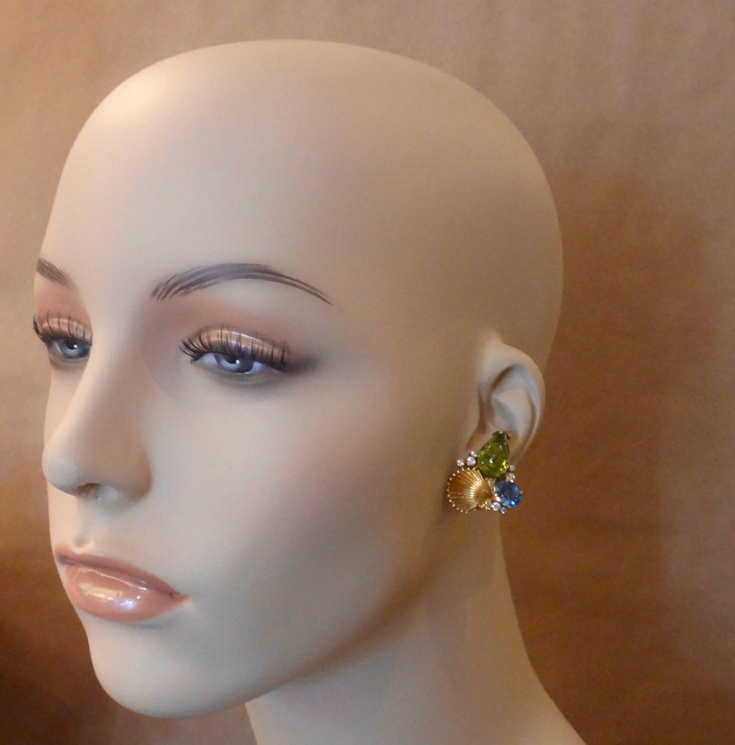 Michael Kneebone Peridot Blue Topaz Diamond Gold Shell Earrings In Excellent Condition In Austin, TX