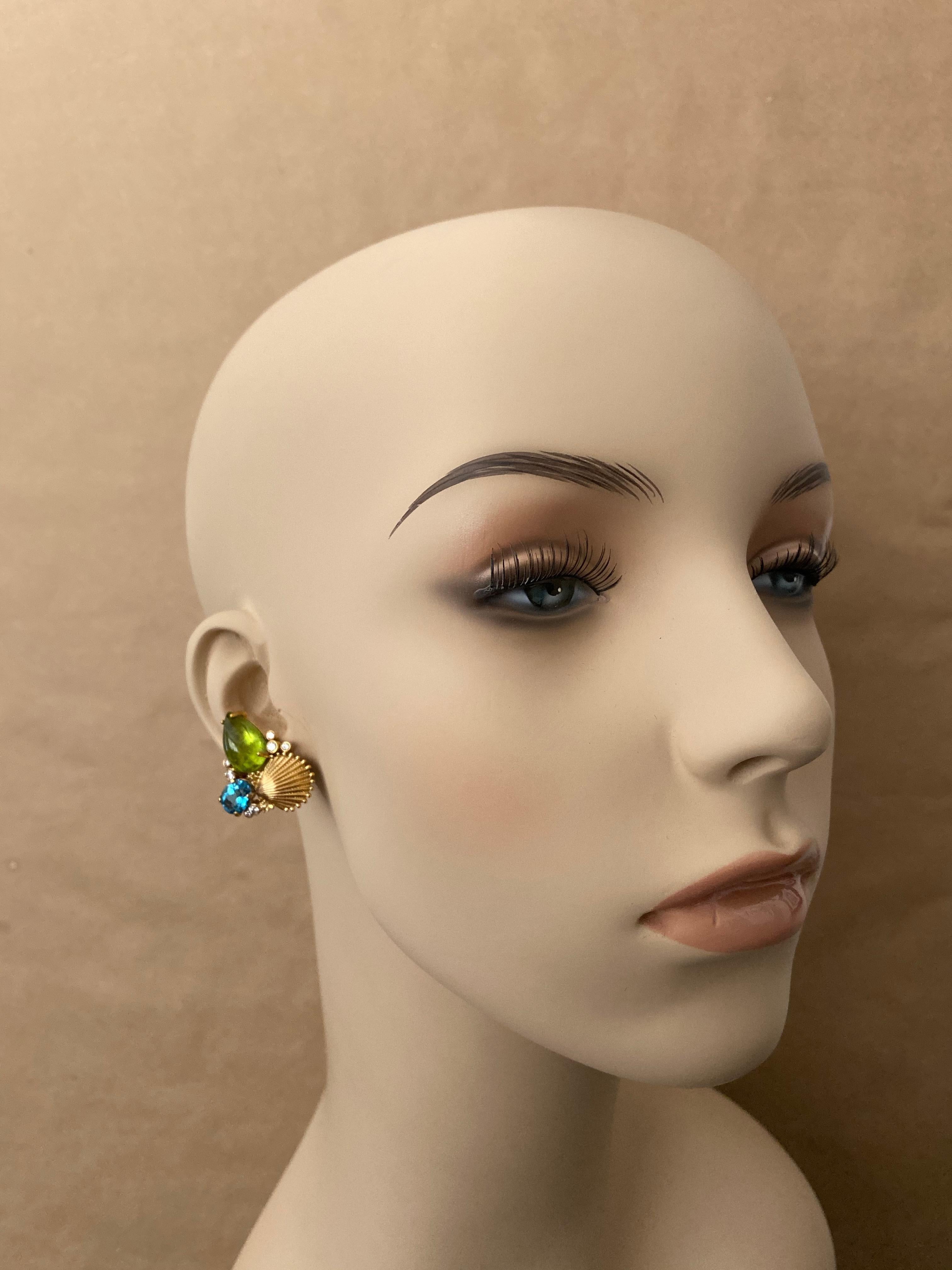 Mixed Cut Michael Kneebone Peridot Blue Topaz Diamond Gold Shell Earrings For Sale