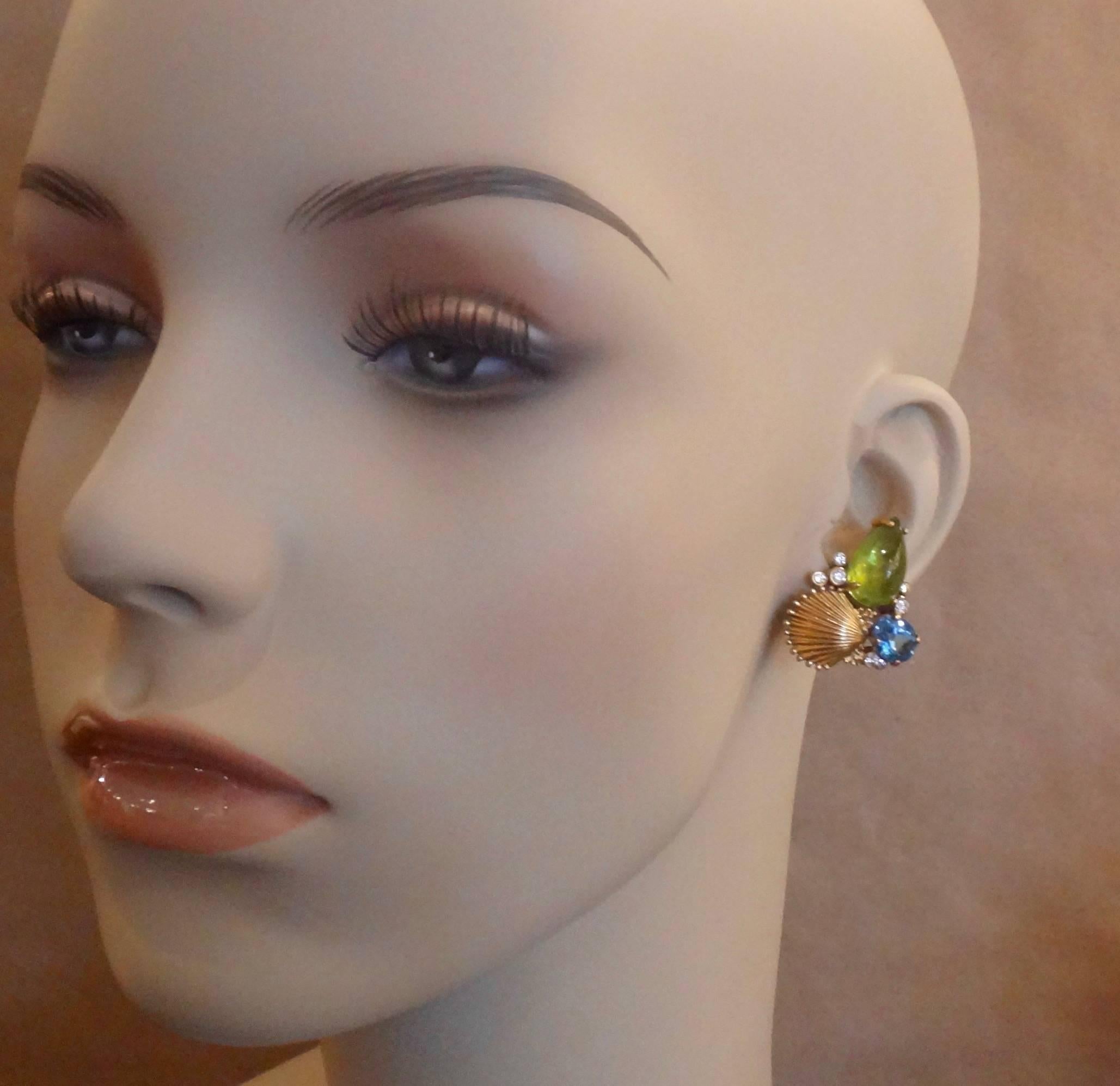 Women's Michael Kneebone Peridot Blue Topaz Diamond Gold Shell Earrings