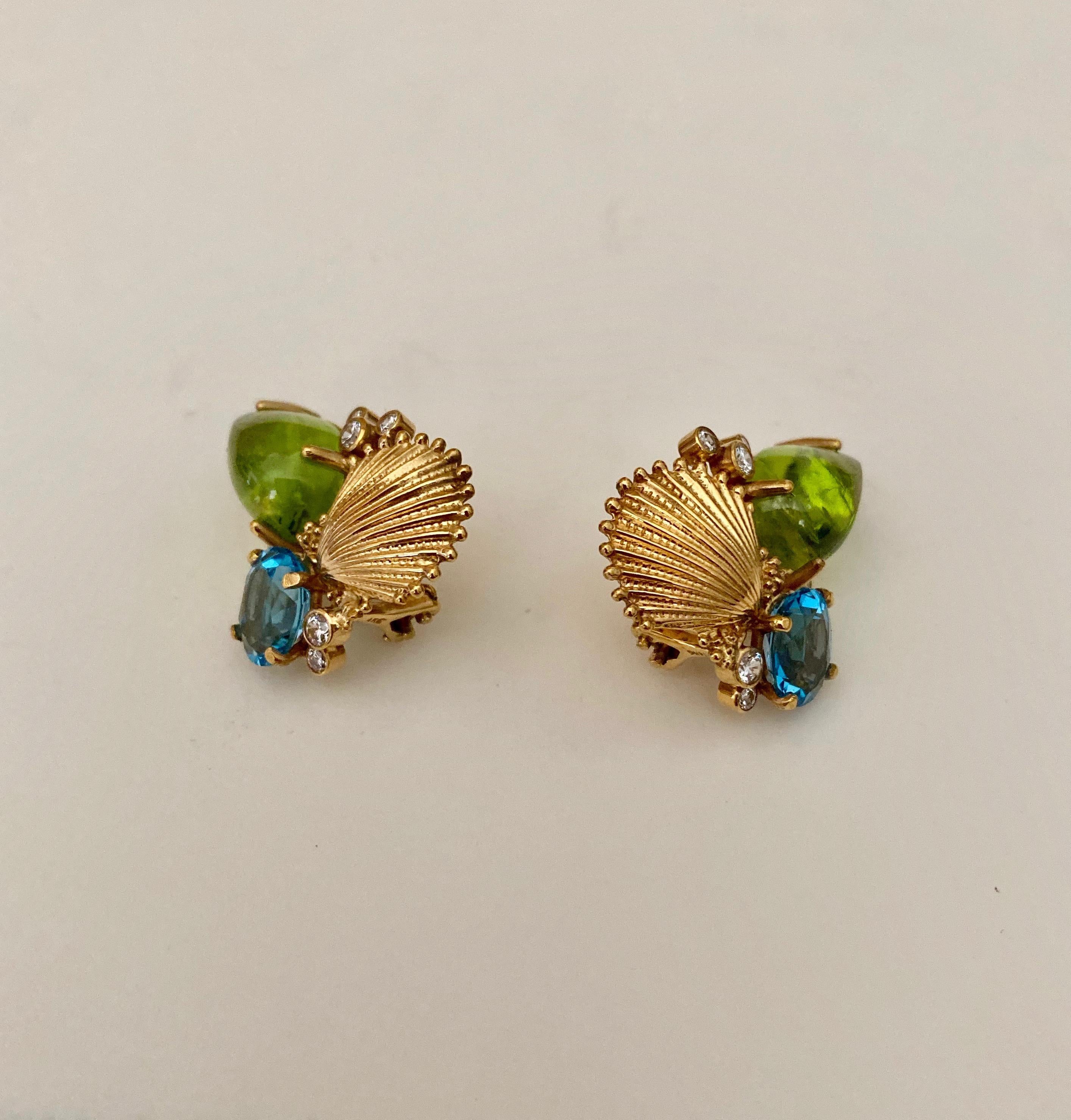 Michael Kneebone Peridot Blue Topaz Diamond Gold Shell Earrings In New Condition For Sale In Austin, TX