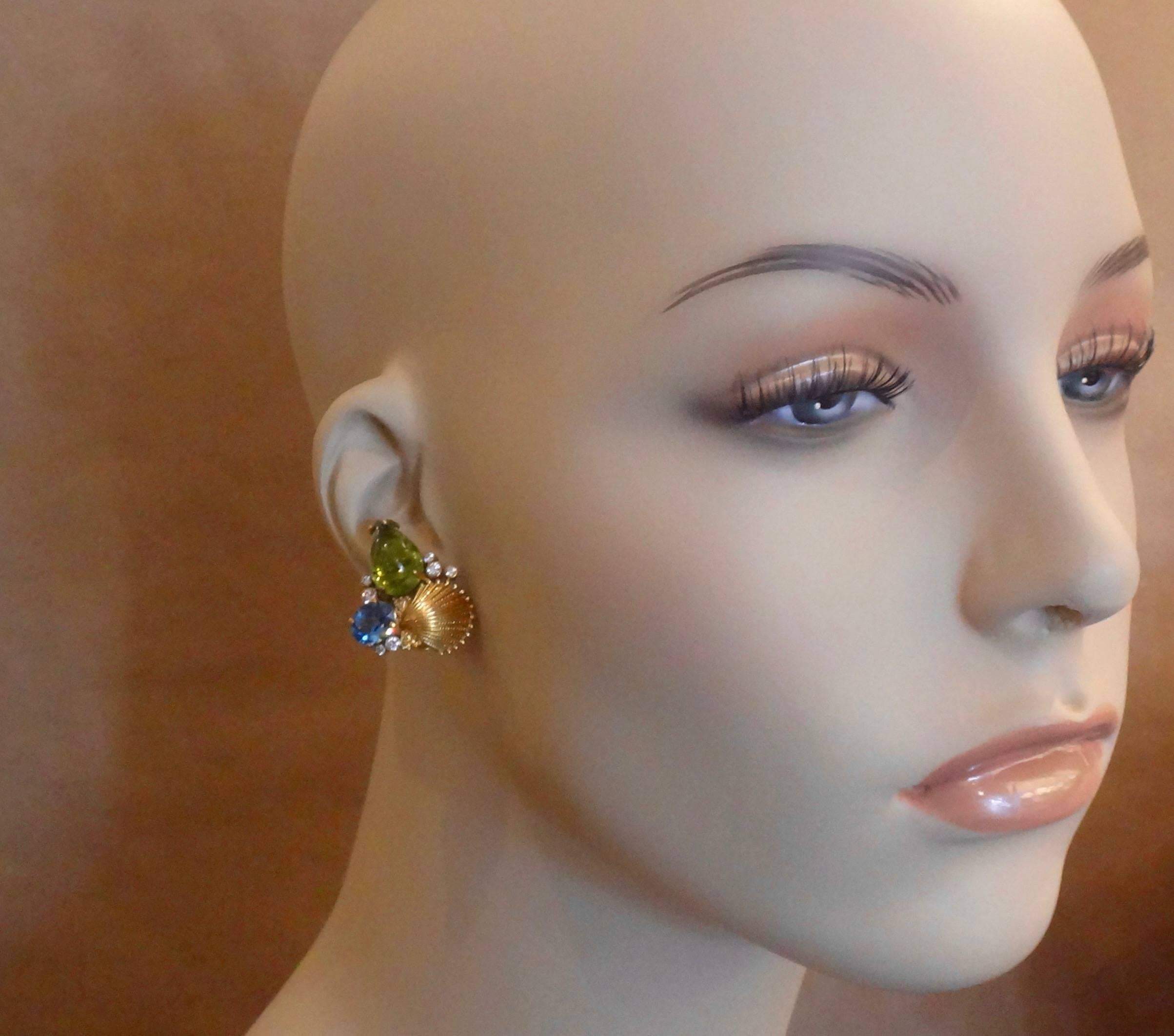 Michael Kneebone Peridot Blue Topaz Diamond Gold Shell Earrings 1