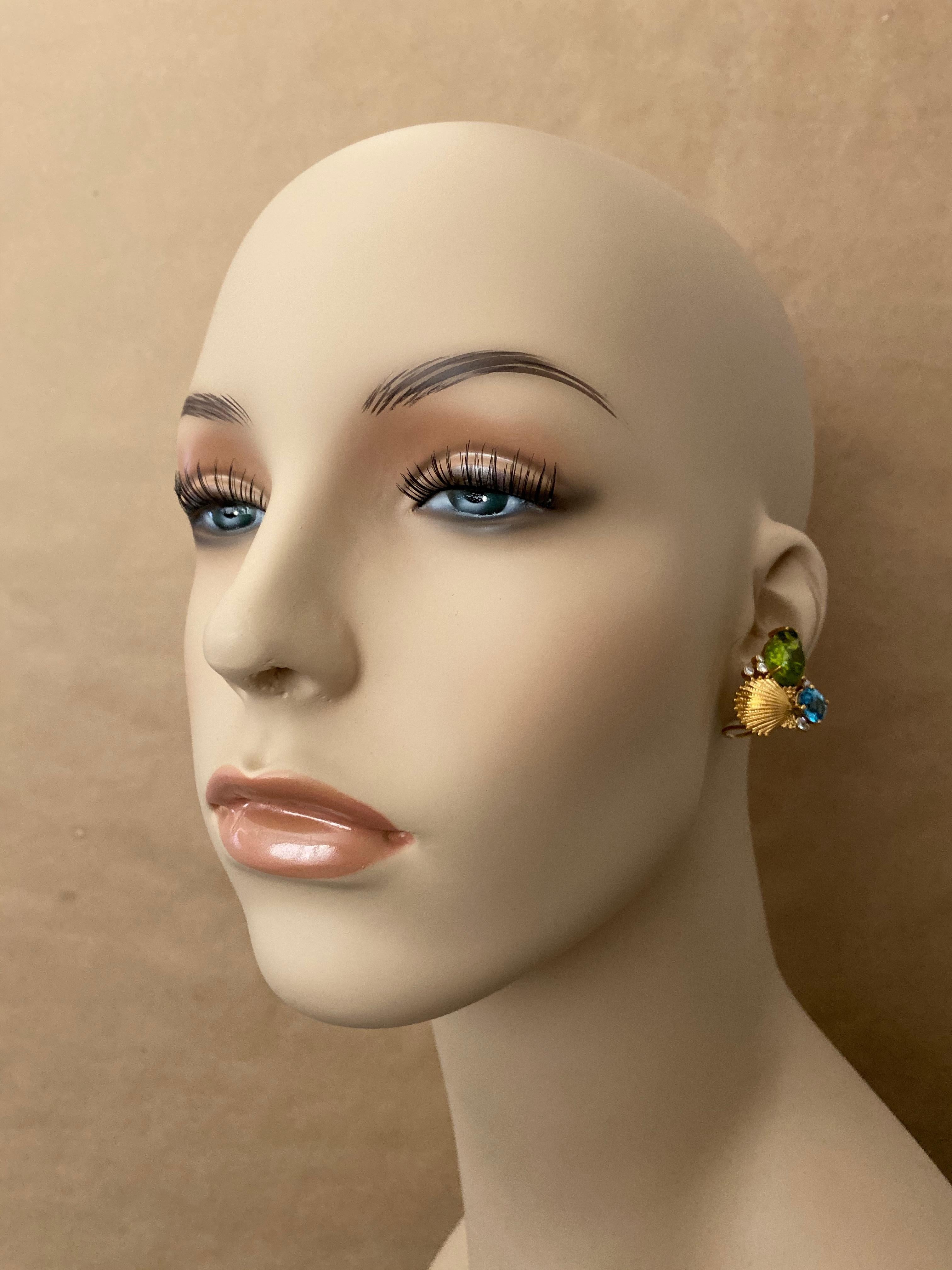 Women's Michael Kneebone Peridot Blue Topaz Diamond Gold Shell Earrings For Sale