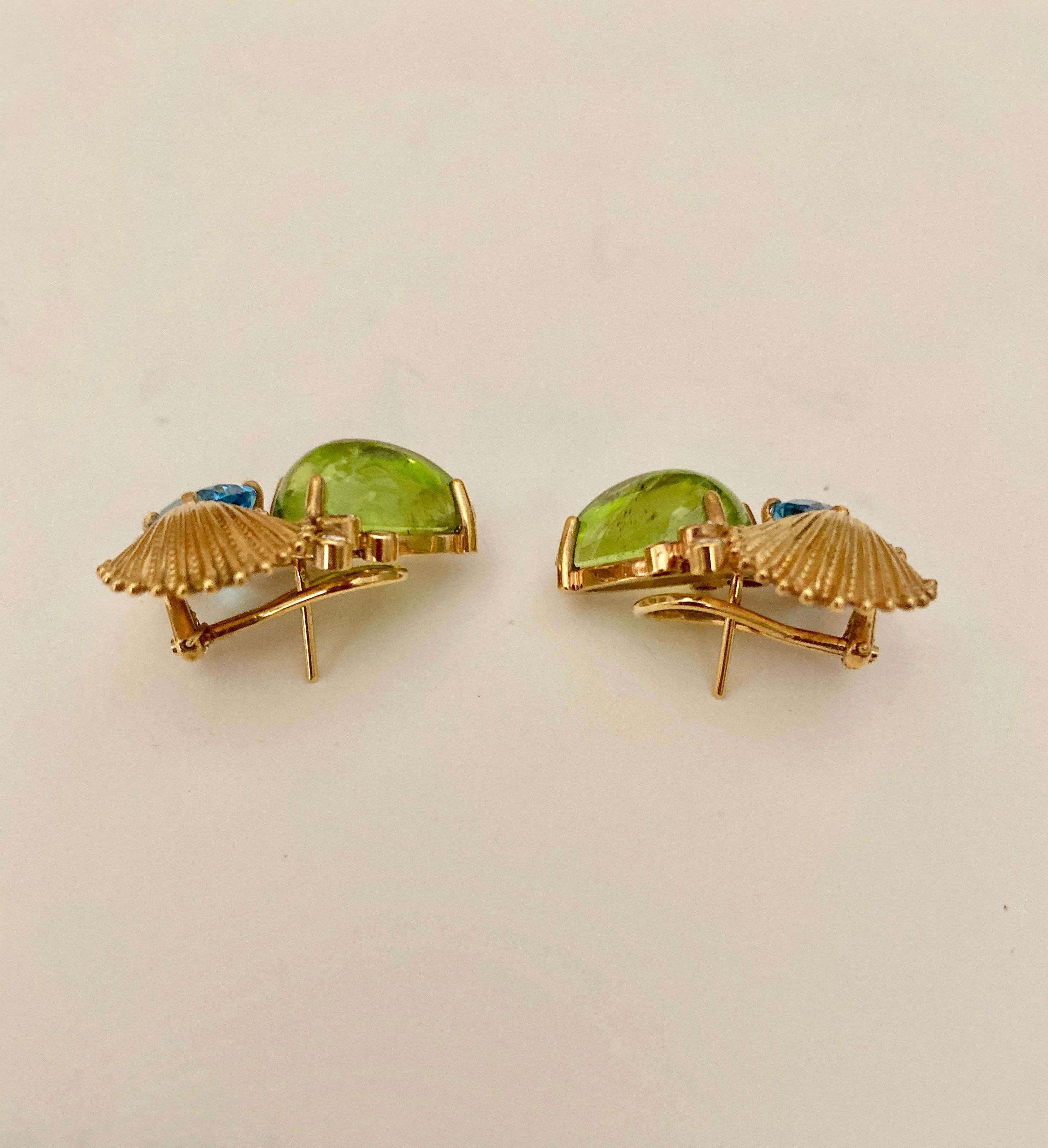 Michael Kneebone Peridot Blue Topaz Diamond Gold Shell Earrings For Sale 1