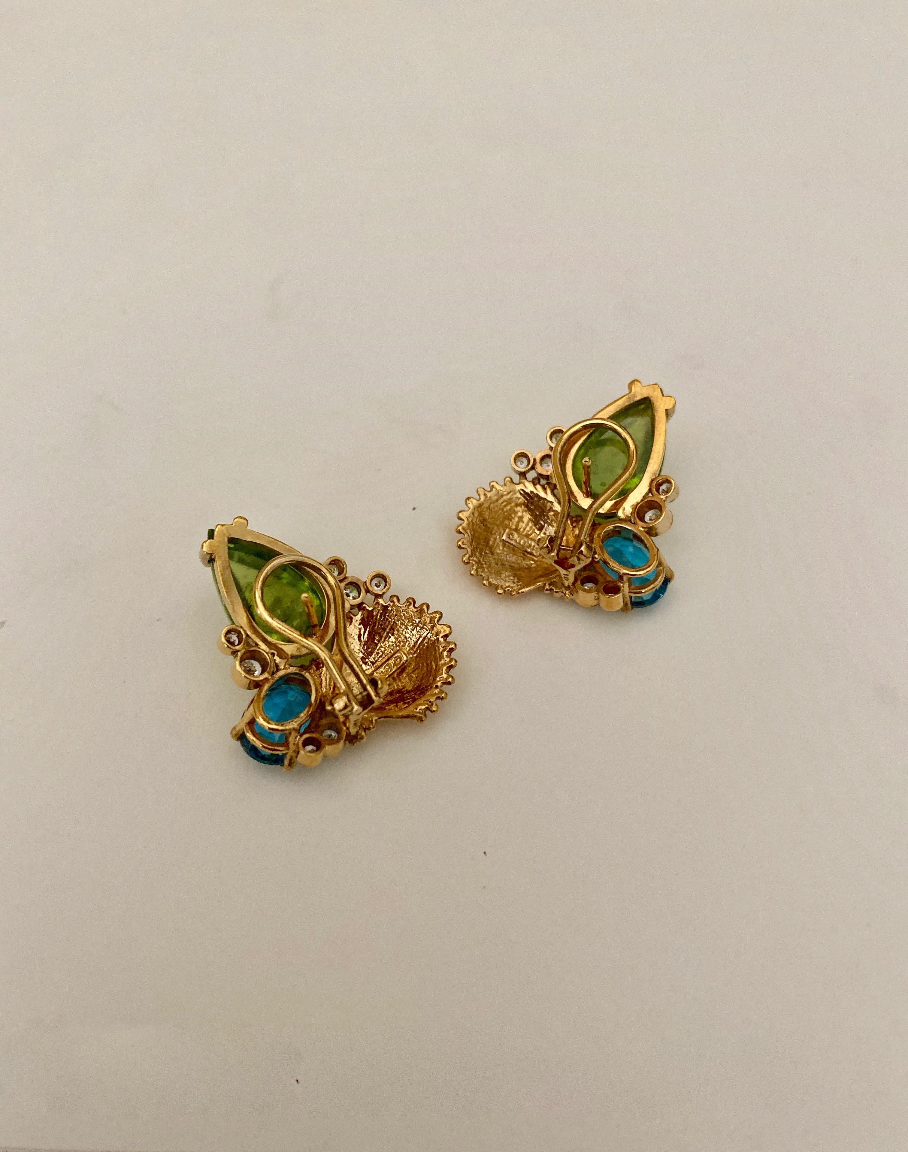 Michael Kneebone Peridot Blue Topaz Diamond Gold Shell Earrings For Sale 3