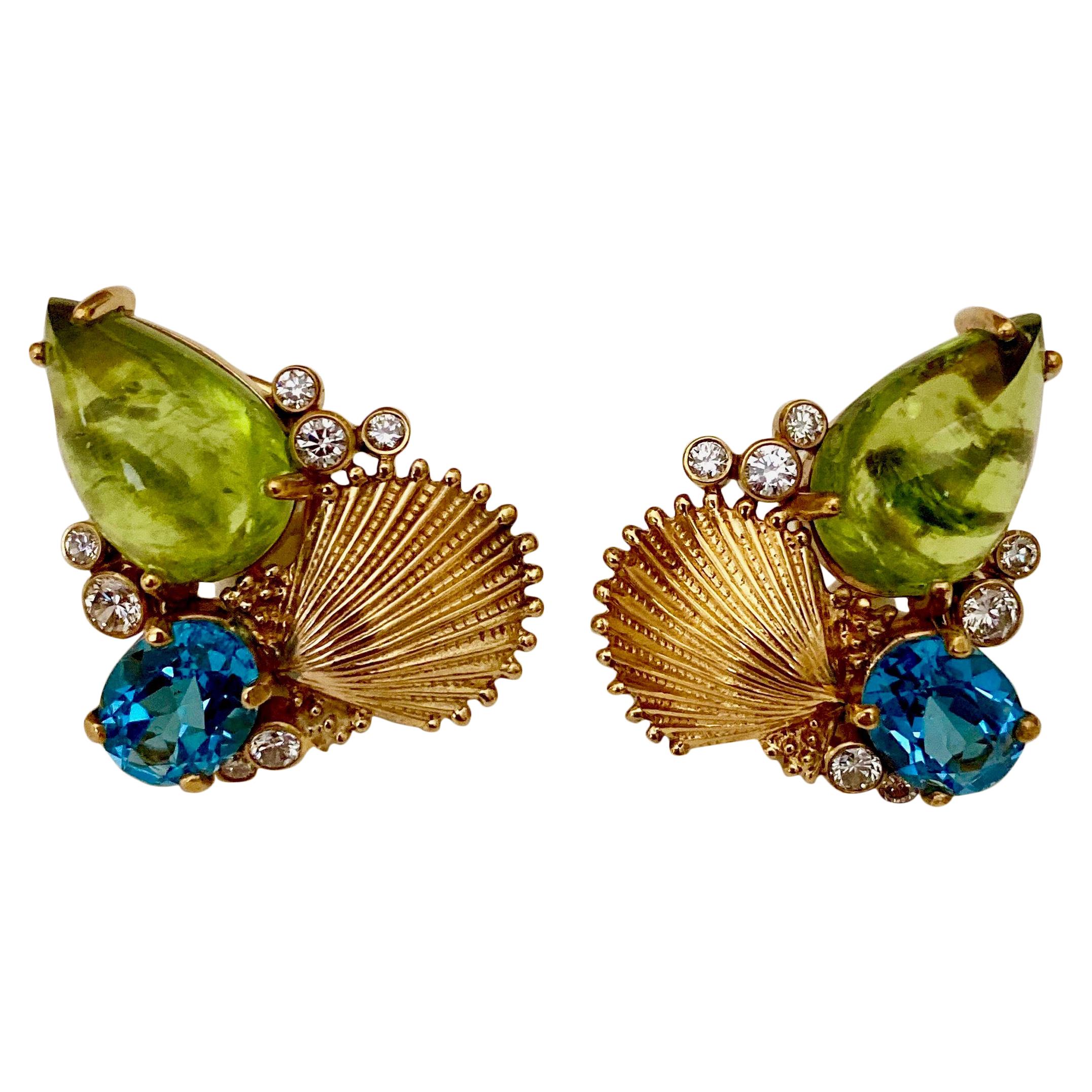 Michael Kneebone Peridot Blue Topaz Diamond Gold Shell Earrings For Sale