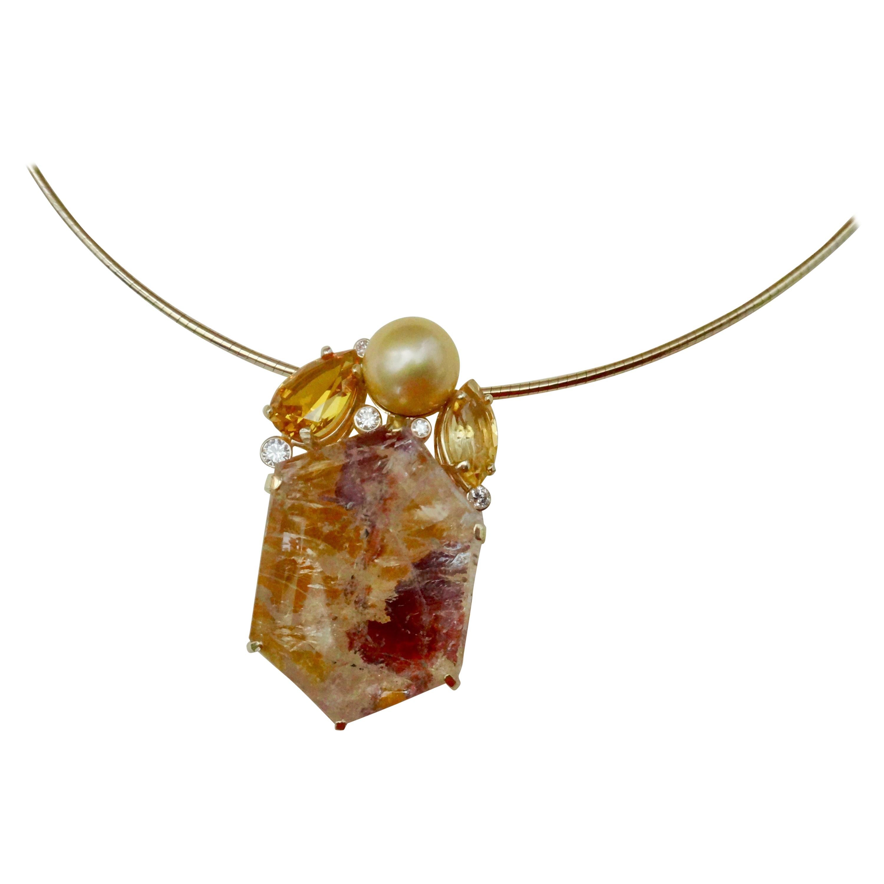 Michael Kneebone Phantom Quartz Citrine Golden Pearl Diamond Pendant For Sale