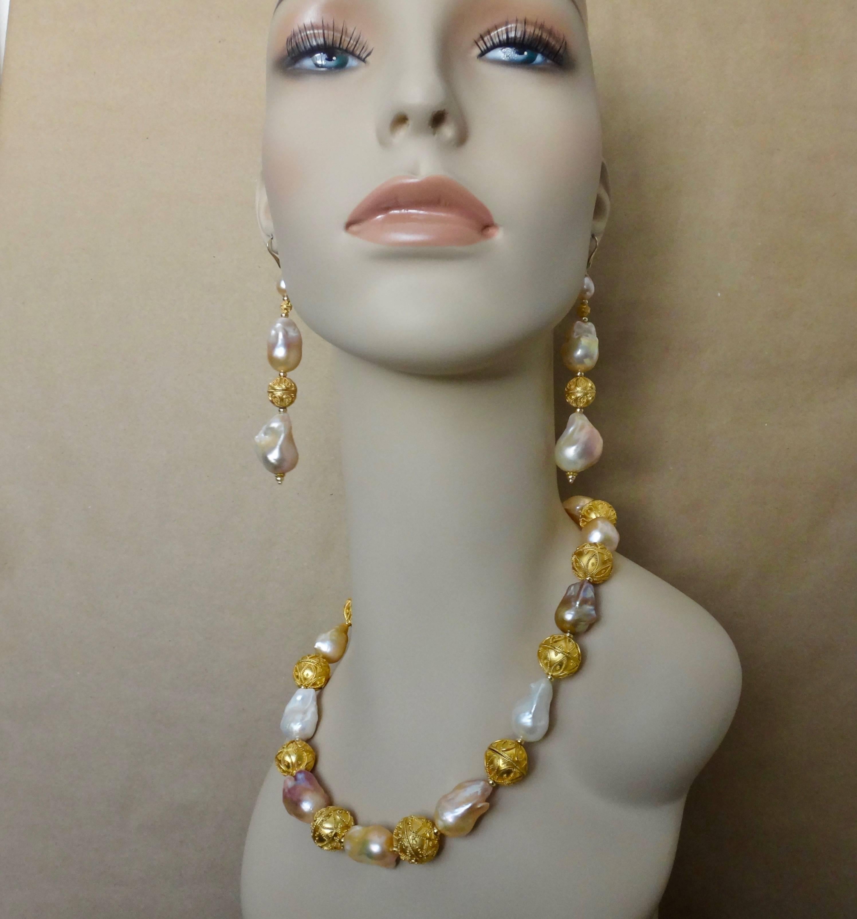 Etruscan Revival Michael Kneebone Pink Cloud Pearl Granulation Earring Necklace Suite