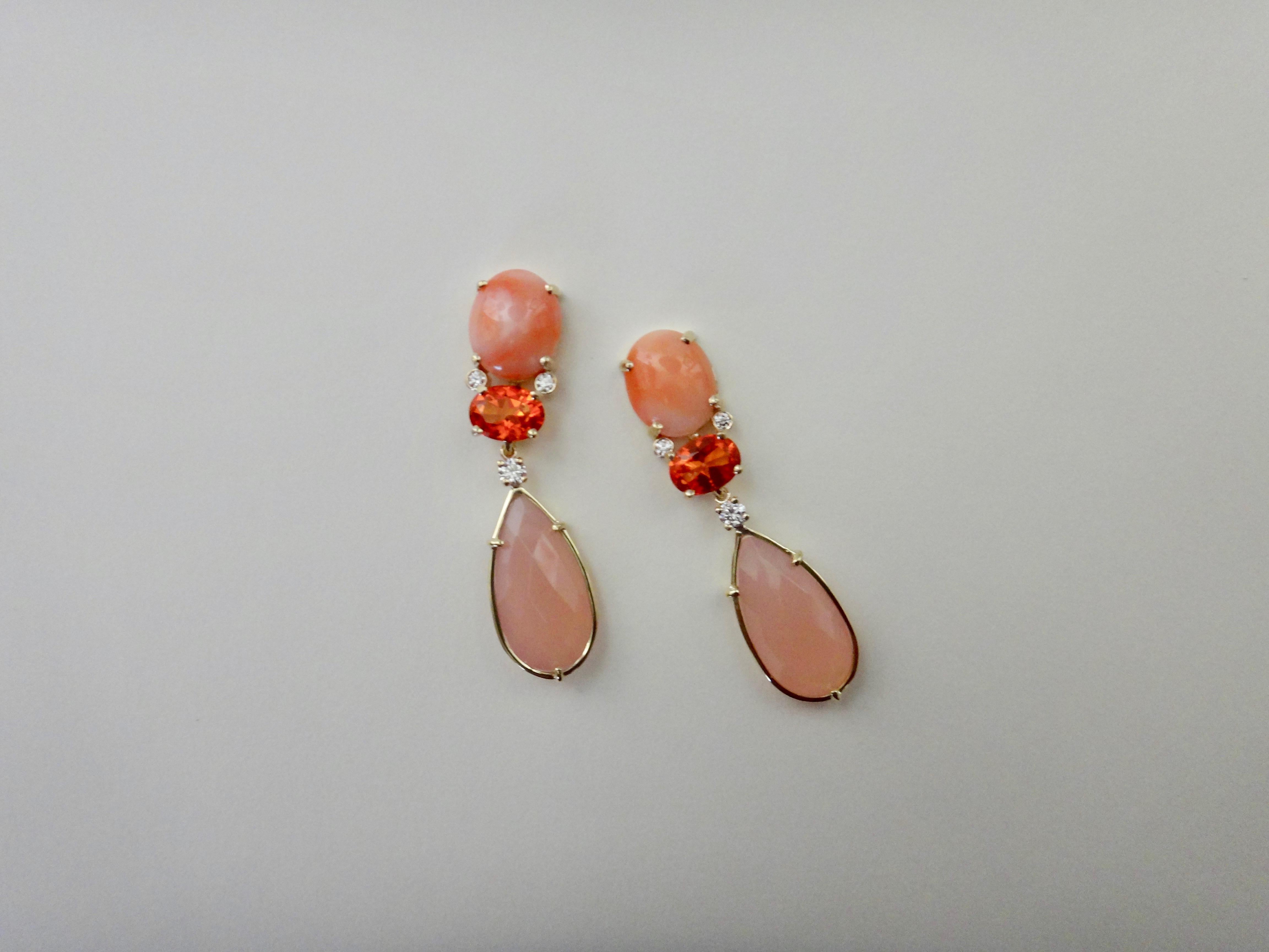 Contemporary Michael Kneebone Pink Coral Fire Opal Pink Opal Diamond Dangle Earrings