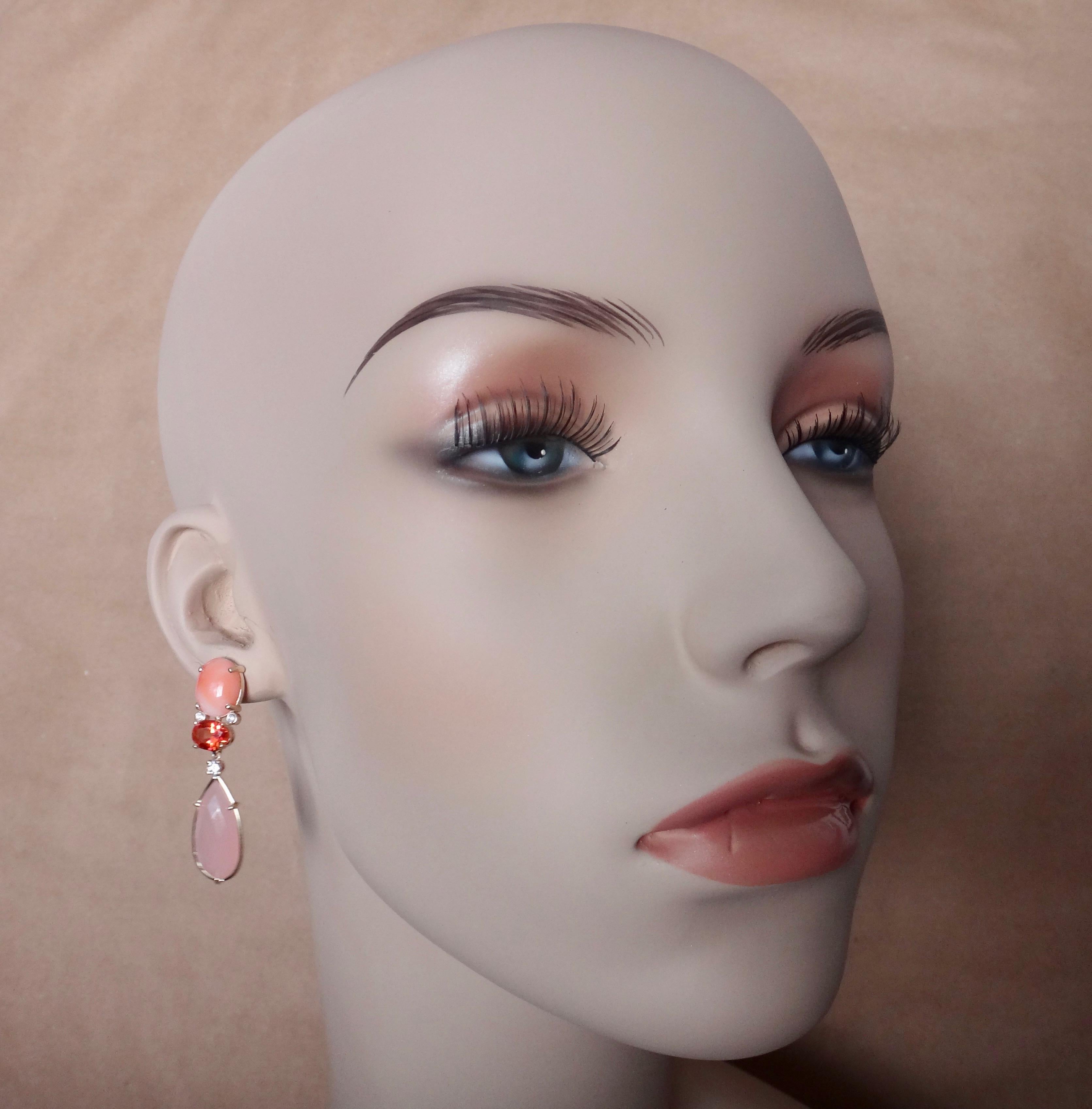 Michael Kneebone Pink Coral Fire Opal Pink Opal Diamond Dangle Earrings In New Condition In Austin, TX