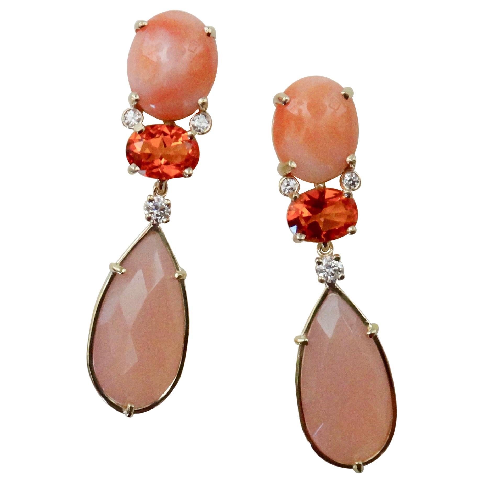 Michael Kneebone Pink Coral Fire Opal Pink Opal Diamond Dangle Earrings