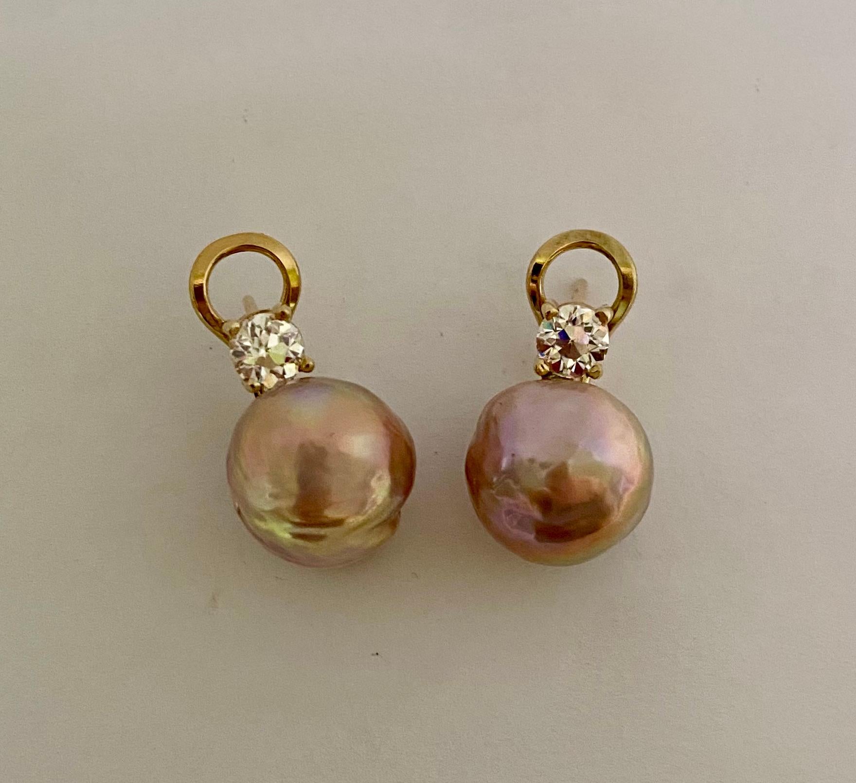 Contemporary Michael Kneebone Pink Kasumi Pearl European Cut Diamond Drop Earrings