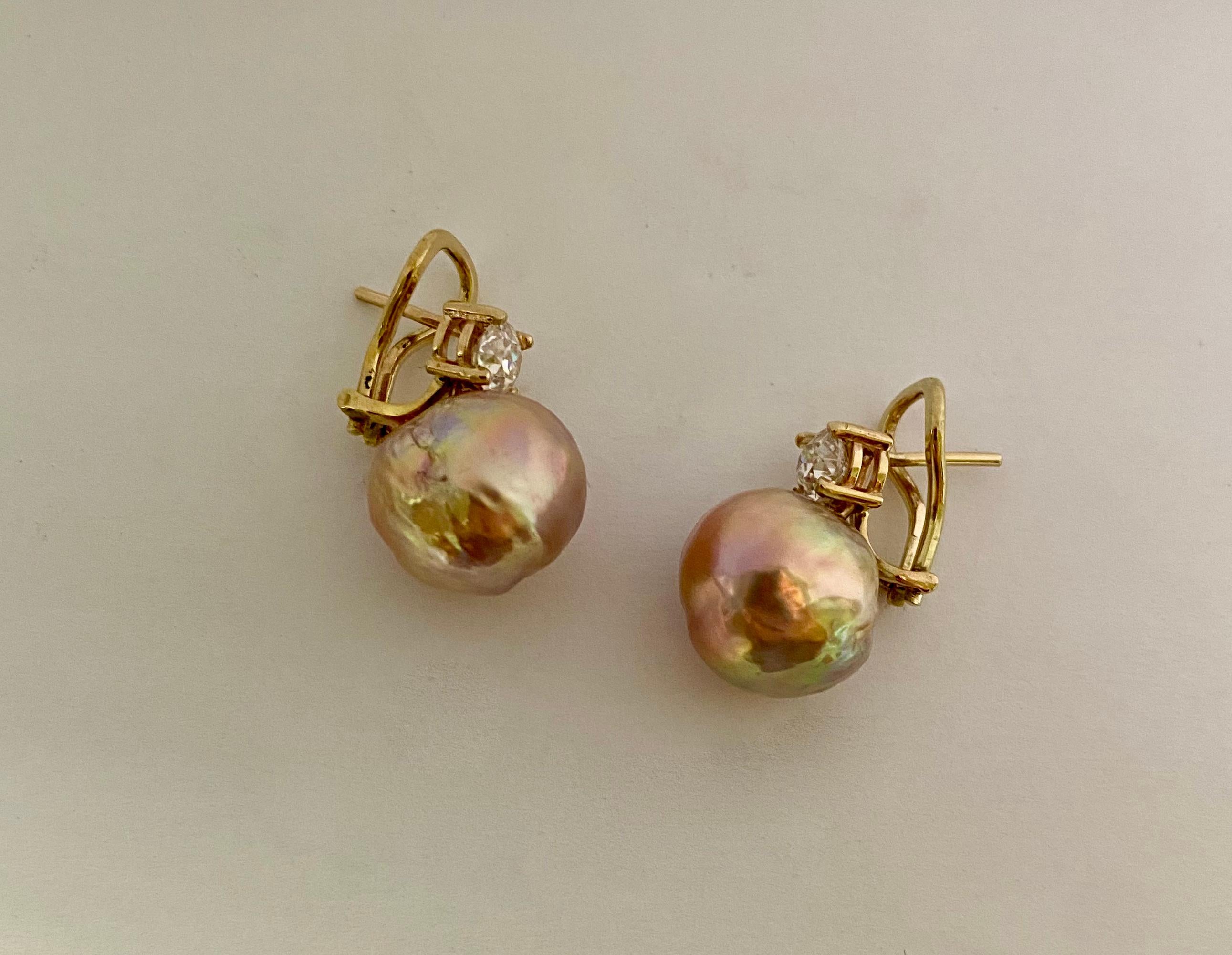 Michael Kneebone Pink Kasumi Pearl European Cut Diamond Drop Earrings In New Condition In Austin, TX